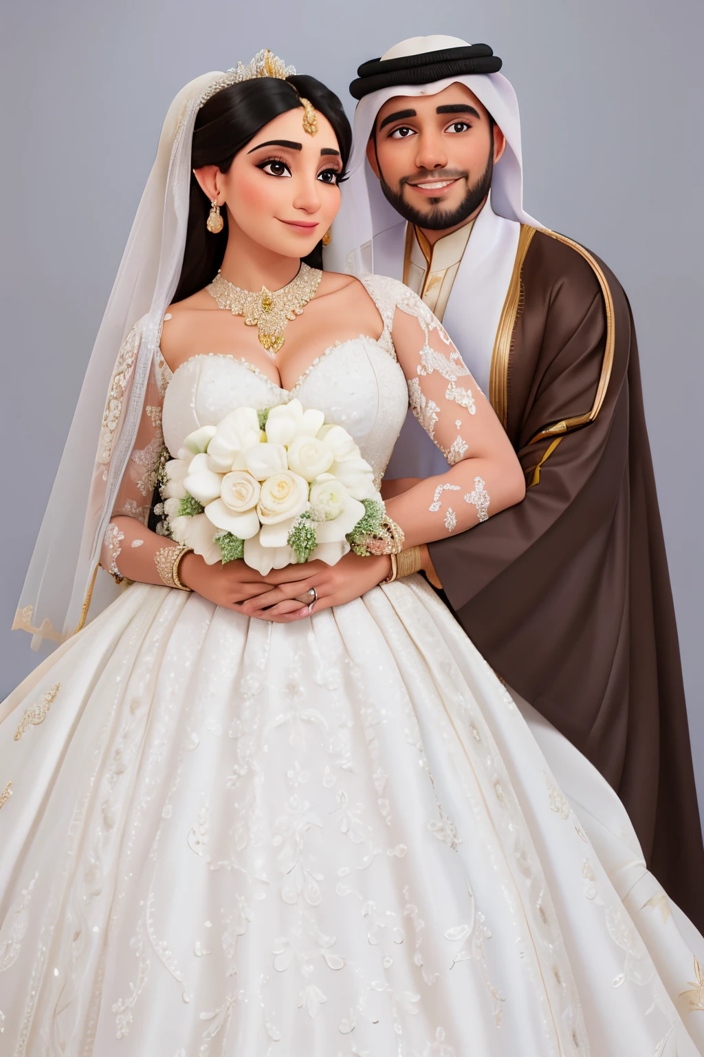 bride and groom posing for a photo in traditional wedding attire, wedding photo, bride and groom, luxurious wedding, arab ameera al taweel, professional wedding photography, greek ameera al taweel, wedding photography, african ameera al taweel, arab inspired, full body in shot, ameera al taweel