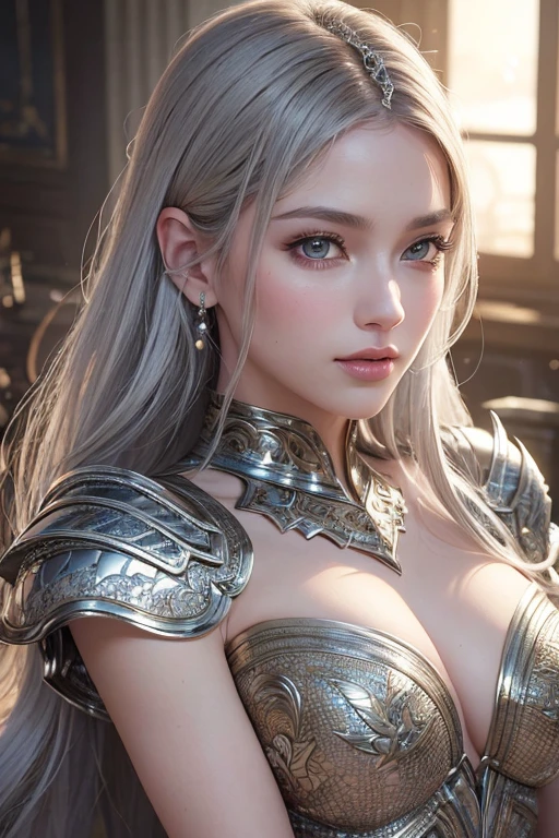 (best quality,4k,8k,highres,masterpiece:1.2),ultra-detailed,(realistic,photorealistic,photo-realistic:1.37),beautiful detailed eyes,beautiful detailed lips,extremely detailed eyes and face,long eyelashes,silver-haired woman,lustrous silver hair,dragon scale armor,shimmering armor,artistic rendering of the armor,exquisite texture of the armor,seductive expression,fierce and confident gaze,alluring smile,sexy face,elegant and graceful posture,dragon scale pattern on the armor with intricate details,sparkling reflections on the armor,delicate craftsmanship on the armor,seamless blending of femininity and strength,dramatic lighting,top-quality rendering,portrait-style,fantasy setting,mythical atmosphere,magical background,ethereal beauty,subtle color palette,soft and diffused lighting,romantic undertones,silver hues,hints of gold accents,soothing atmosphere