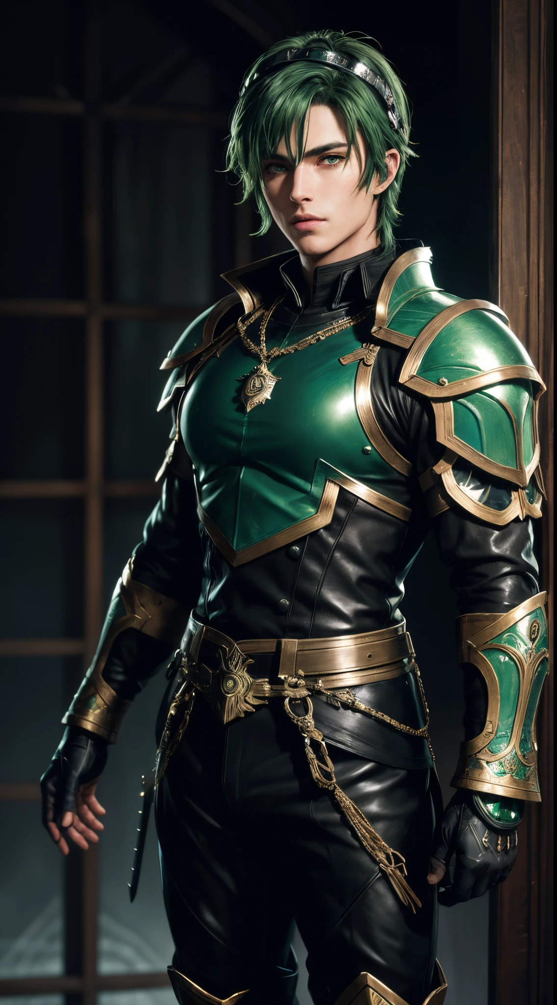 (absurdres, highres, ultra detailed, HDR), masterpiece, best quality, Valkyrie Profile Character handsome boy in black Valkyrie suit short hair wearing headgear green hair