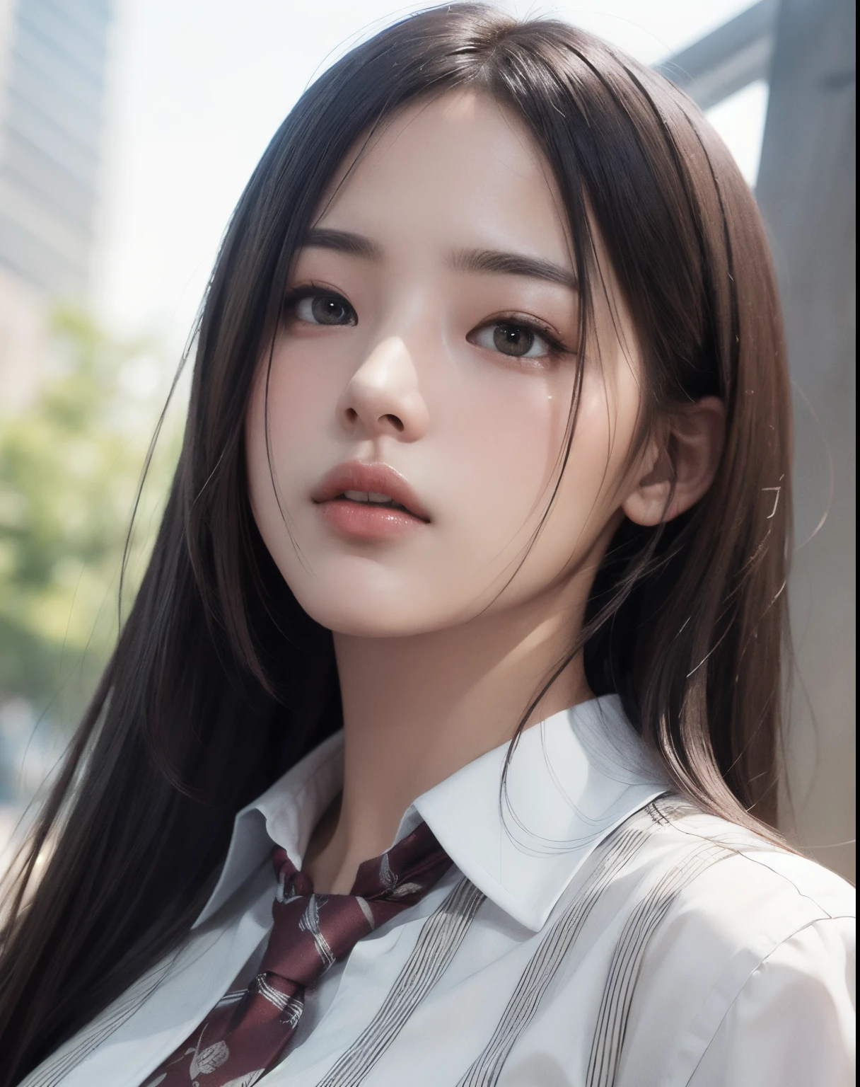 Photorealistic, masutepiece, Best Quality, Raw photo, 1girl in, Solo, Long hair, Brown hair, Detailed face, alluring face, Collared shirt, medium breasts, Dynamic Pose, Looking at Viewer, From below, Detailed background, fine detailed, intricate detailes, Ray tracing, depth of fields, lowkey, nffsw