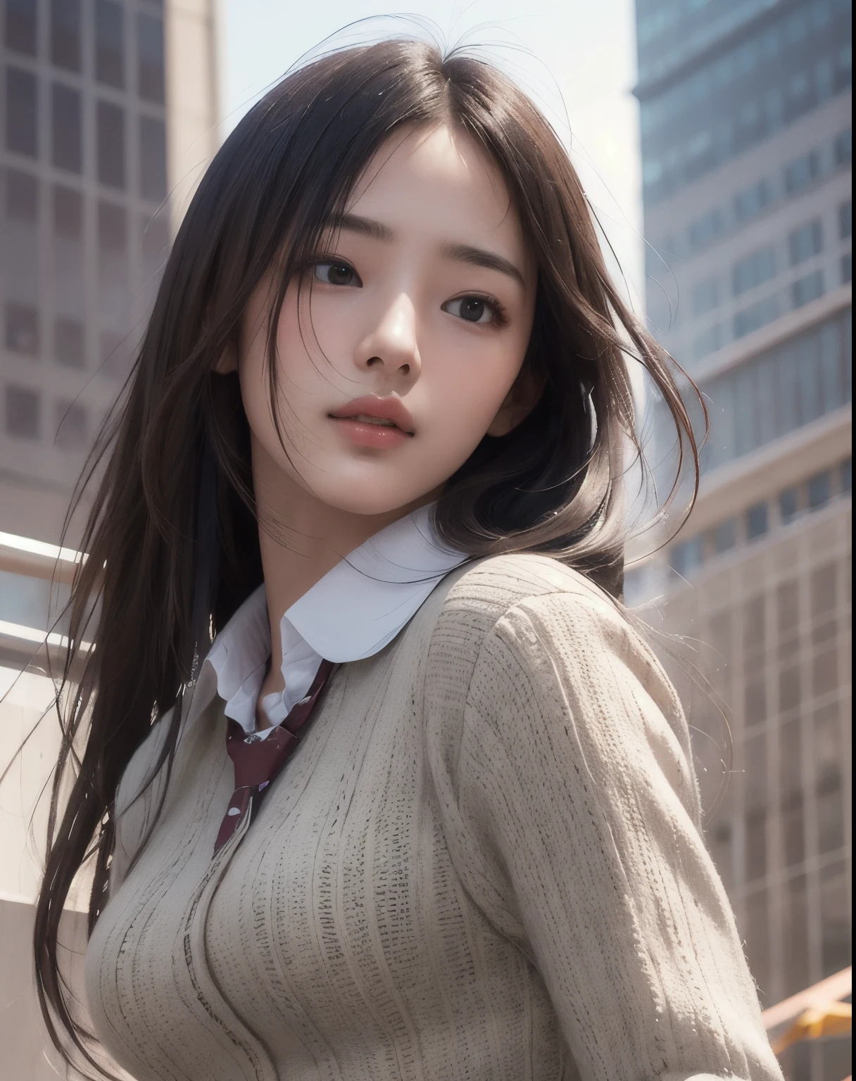 Photorealistic, masutepiece, Best Quality, Raw photo, 1girl in, Solo, Long hair, Brown hair, Detailed face, alluring face, Collared shirt, medium breasts, Dynamic Pose, Looking at Viewer, From below, Detailed background, fine detailed, intricate detailes, Ray tracing, depth of fields, lowkey, nffsw