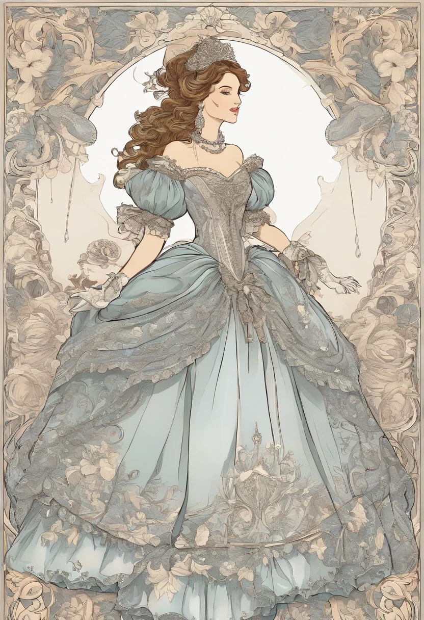 Fairytale Illustration, A Stately and Elaborate Royal Victorian Court Dress of silver damask adorned with (((bows))), poufs, ruffles, frills, lace, (((embroidery))), and jewels,, with (((enormous puffed sleeves))), an hourglass waist, and a (((huge crinoline hoopskirt))) long white gloves, pearl necklace and earrings