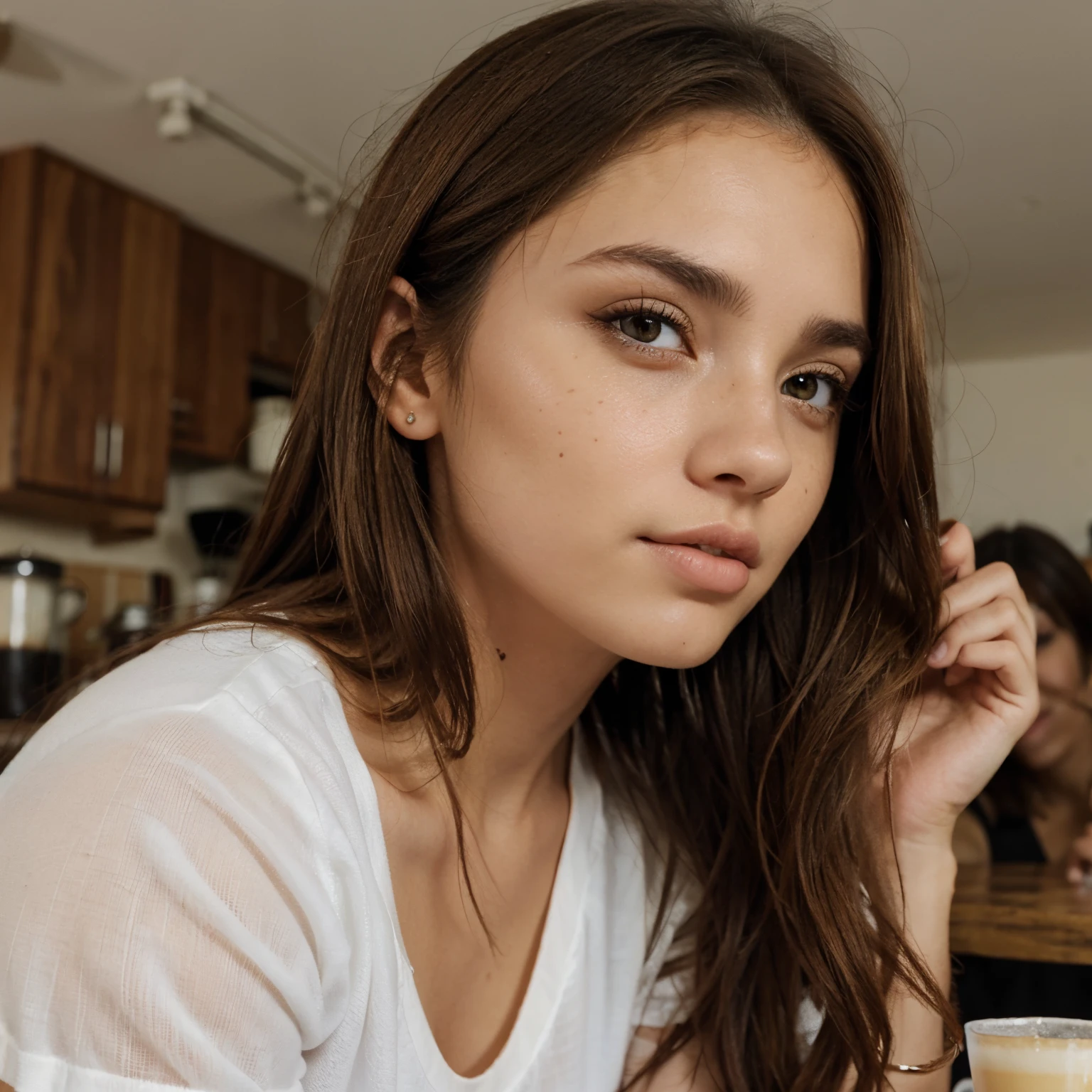 brown-hair, ojos cafe claros , cara delgada , tes blanca , pecas en la cara