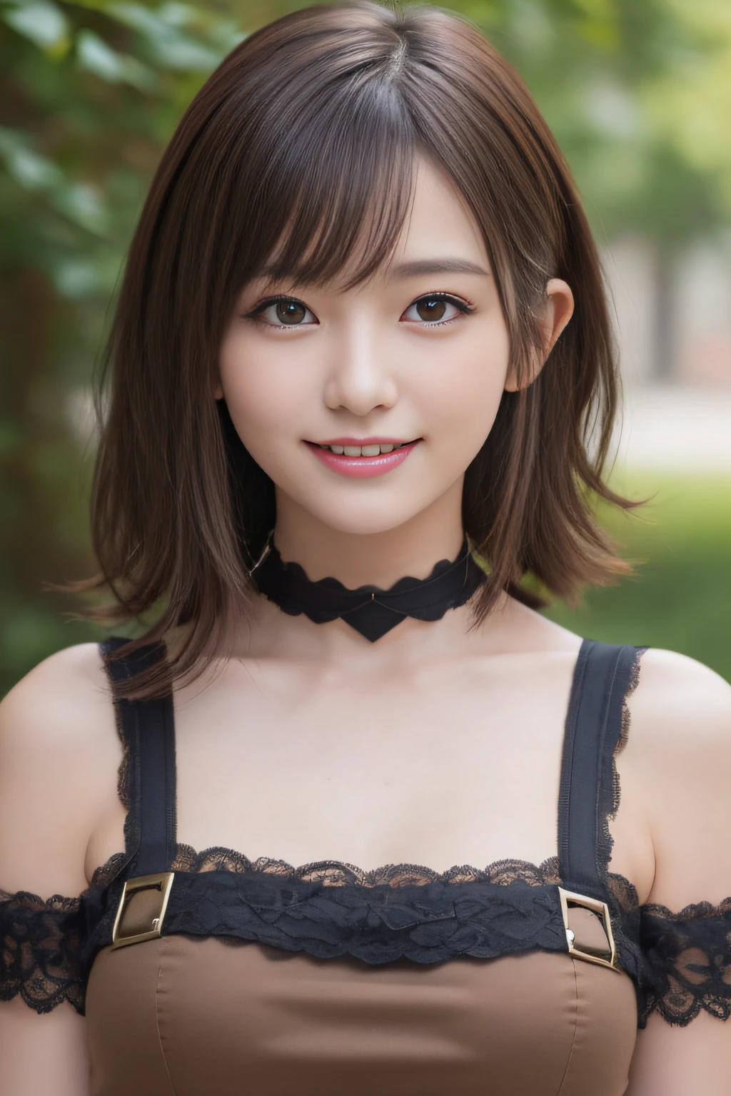 masutepiece, Best Quality, One girl, (Beautiful Girl:1.3), (20 years old:1.2), Very fine eye definition, (Symmetrical eyes:1.3), NSFW, (high detail mini dress、choker with lock:1.3), Beautiful breasts, Brown eyes, Parted bangs, Brown hair, Upper teeth、Background outdoor、Smile