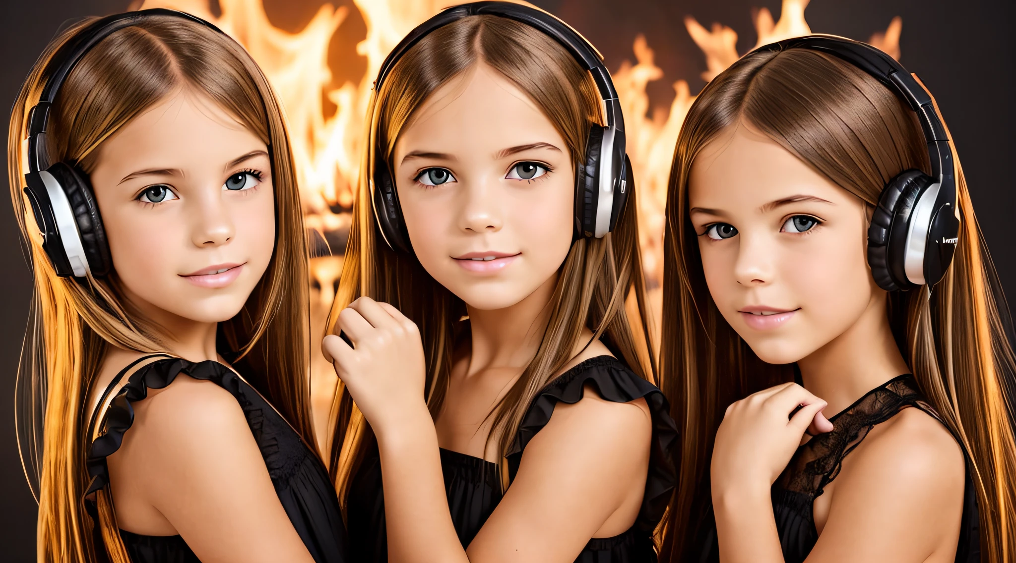 two BLONDE girls with bows on their heads and one wearing a BLACK dress, HEADPHONES FIRE AND FIRE. smoke billowing, gemini twins portrait, faixa de cabelo AMARELO,