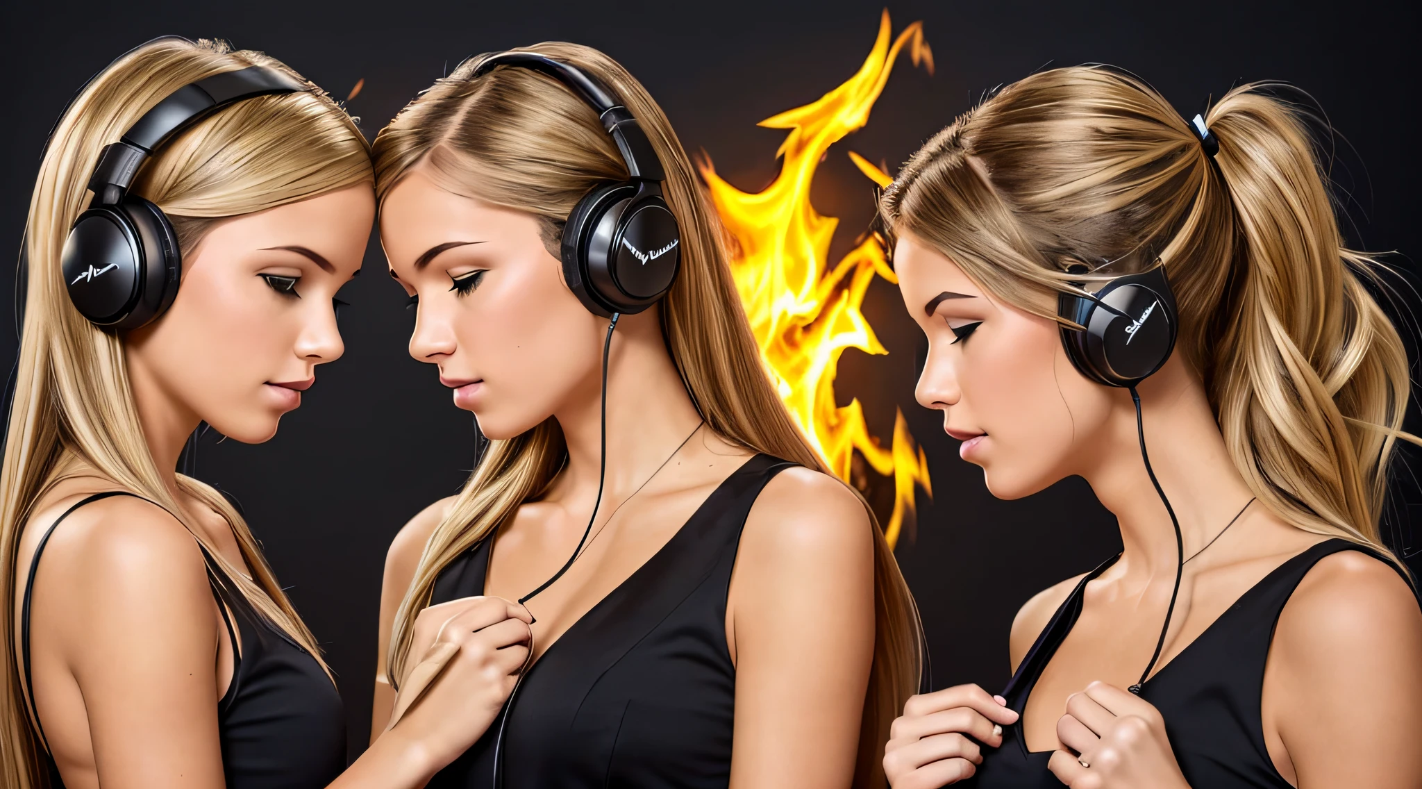 two BLONDE girls with bows on their heads and one wearing a BLACK dress, HEADPHONES FIRE AND FIRE. smoke billowing, gemini twins portrait, faixa de cabelo AMARELO,