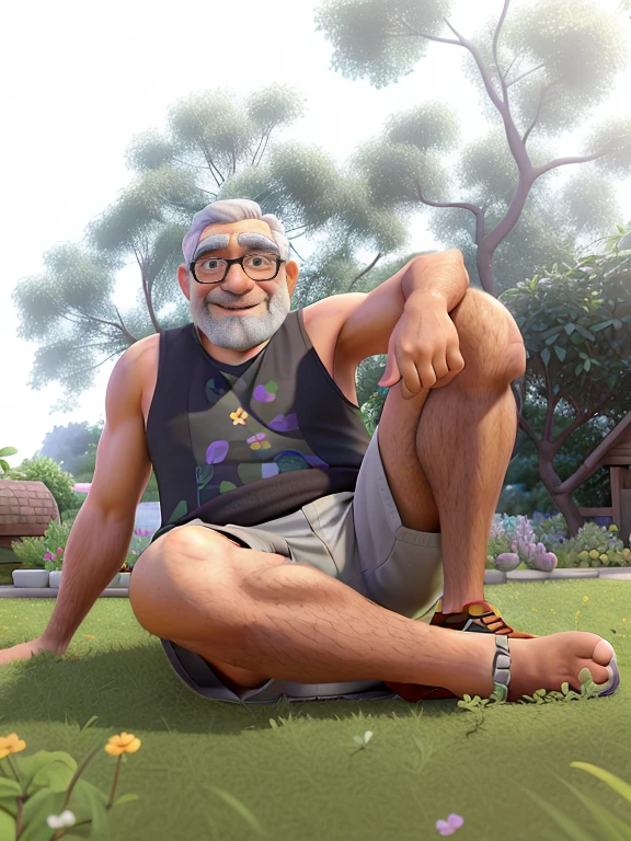 A 60-year-old man sitting in a garden with his legs crossed, one of his hands on his knee, measuring 1m and 80m, dark-skinned hair, gray beard and mustache, black beach glasses, floral shorts, gray tank top, dark-skinned man, smiling