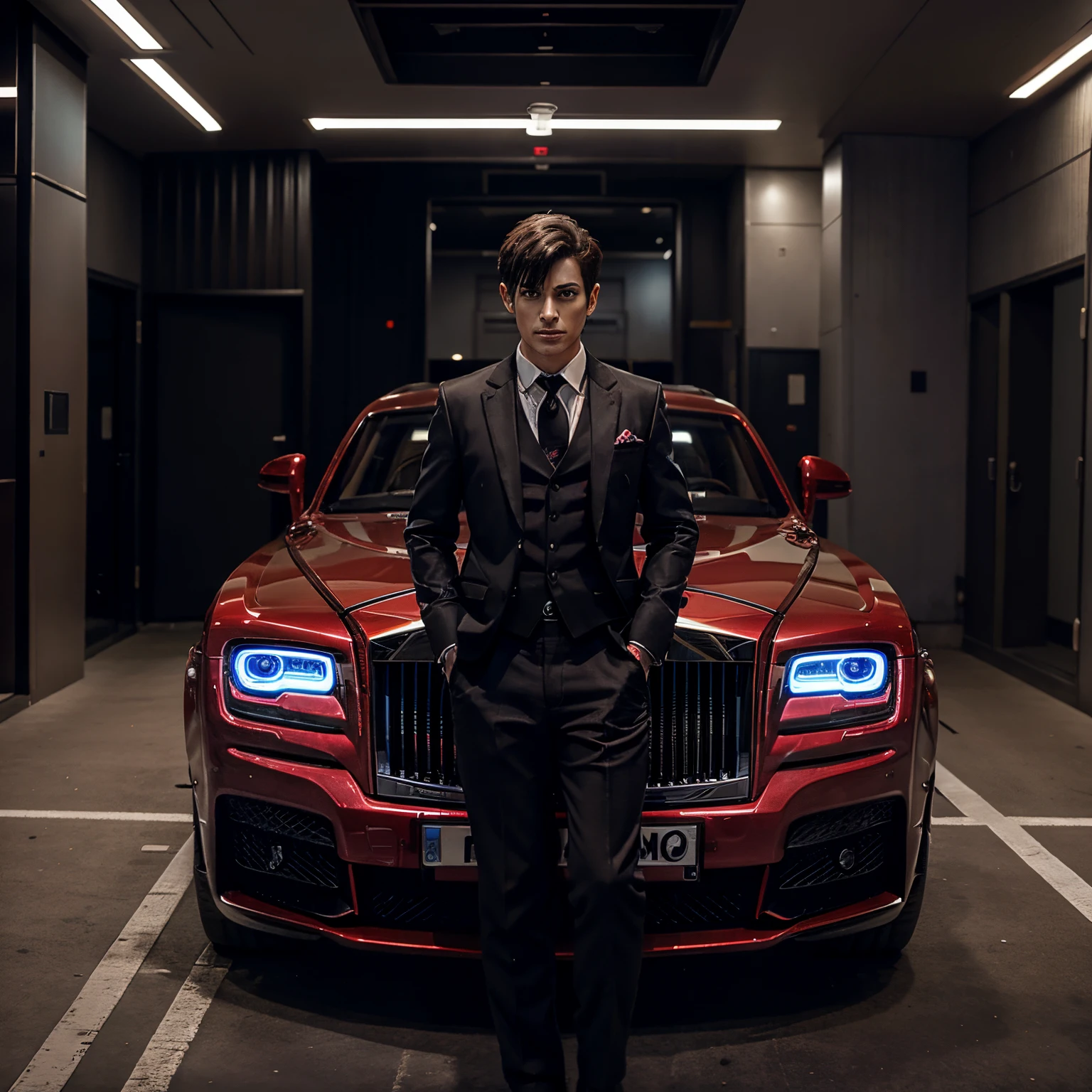 Ainame hot devil boy stand at the front of ta Rolls Royce in future building horror city