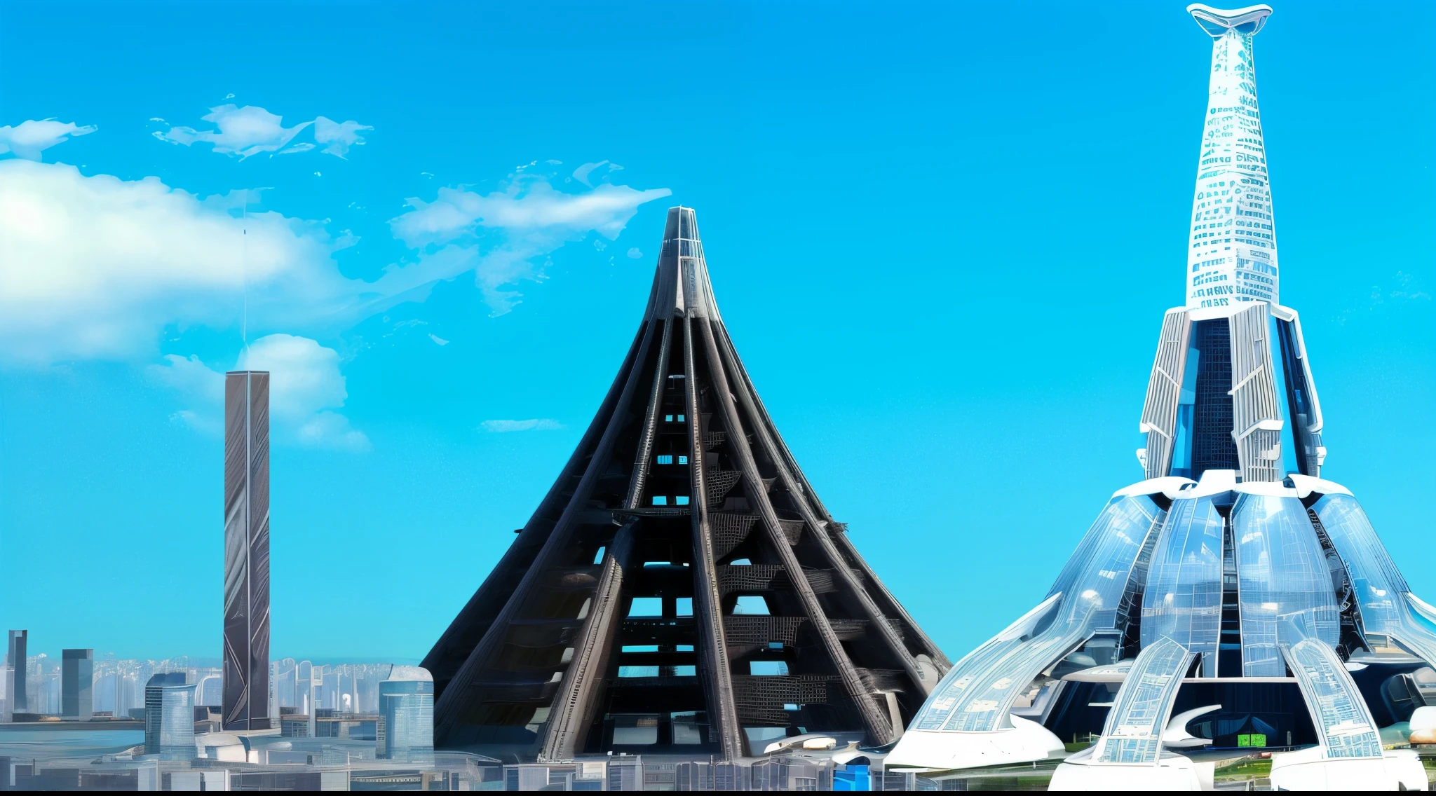 there are three big buildings that are in the middle of a city, futuristic utopian architecture, space port city, russian city of the future, futuristic buildings, huge futuristic temple city, futuristic structures, futuritic high tech architecture, futuristic utopian metropolis, city of the future in russia, futuristic palace, futuristic tower, futuristic utopian city, alien buildings, spaceport, realistic image, 16k resolution