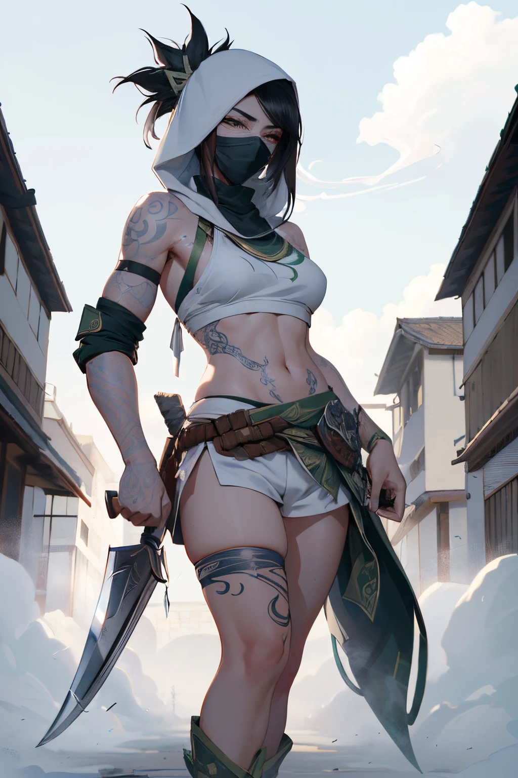 (Best quality,4K,8K,A high resolution,tmasterpiece:1.2),Smoke background, Akali, 1个Giant Breast Girl, long_the sleeve,White hood,White shorts,,Tattooed with , Permanent, full_body, arma,sickle,daggers,,White boots, Leucorrhoea,White mask,Outdoor activities,buildings