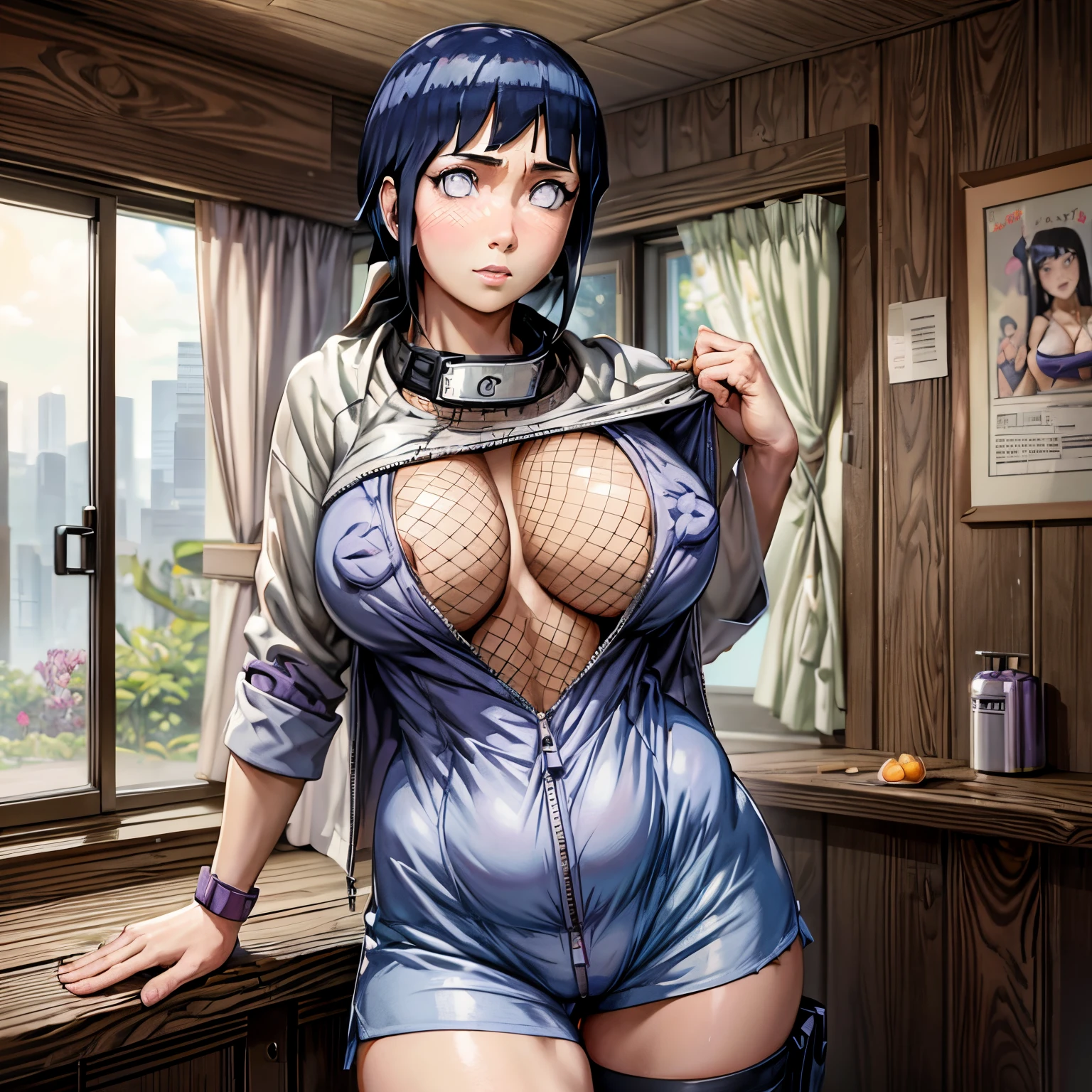 Masterpiece, highres, high Quality, detailed face, detailed body render, 1girl, solo, hyuuga hinata, hinata-sleeveless-outfit, large breasts, big breast, sleeveless shirt, fishnet top, dark lips, unzipped jacket, no bra, breasts out, nipple, standing, blushes, (on bedroom)