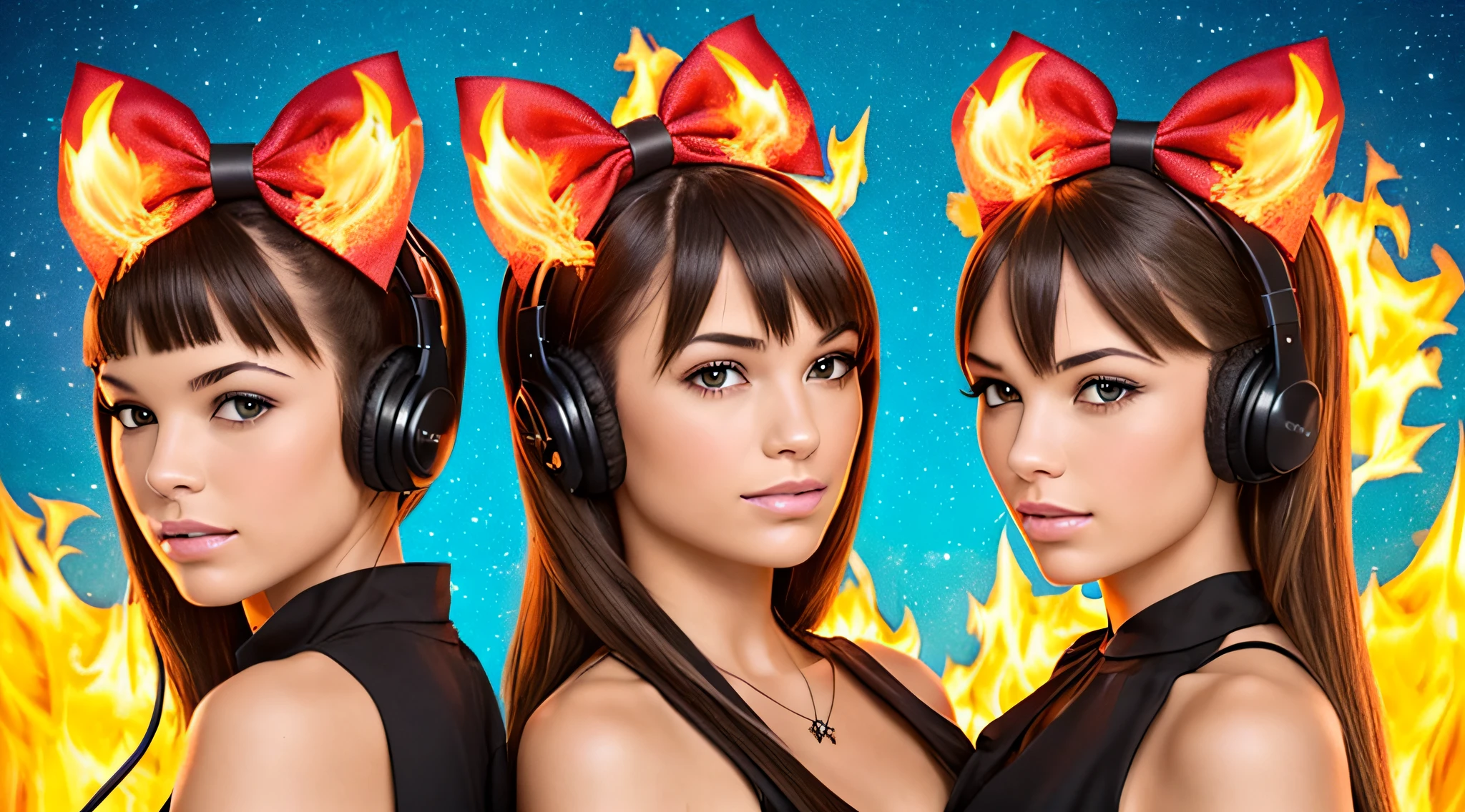 two BLONDE girls with bows on their heads and one wearing a BLACK dress, HEADPHONES FIRE AND FIRE. smoke billowing, gemini twins portrait, faixa de cabelo AMARELO,