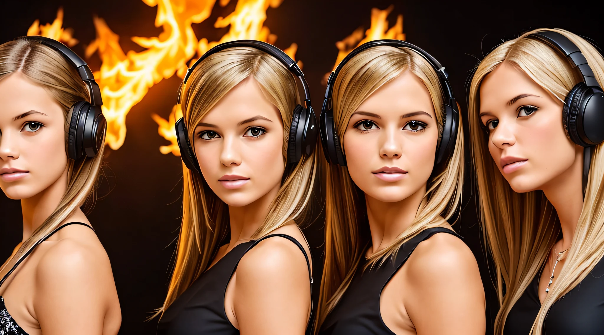 two BLONDE girls with bows on their heads and one wearing a BLACK dress, HEADPHONES FIRE AND FIRE. smoke billowing, gemini twins portrait, faixa de cabelo AMARELO,