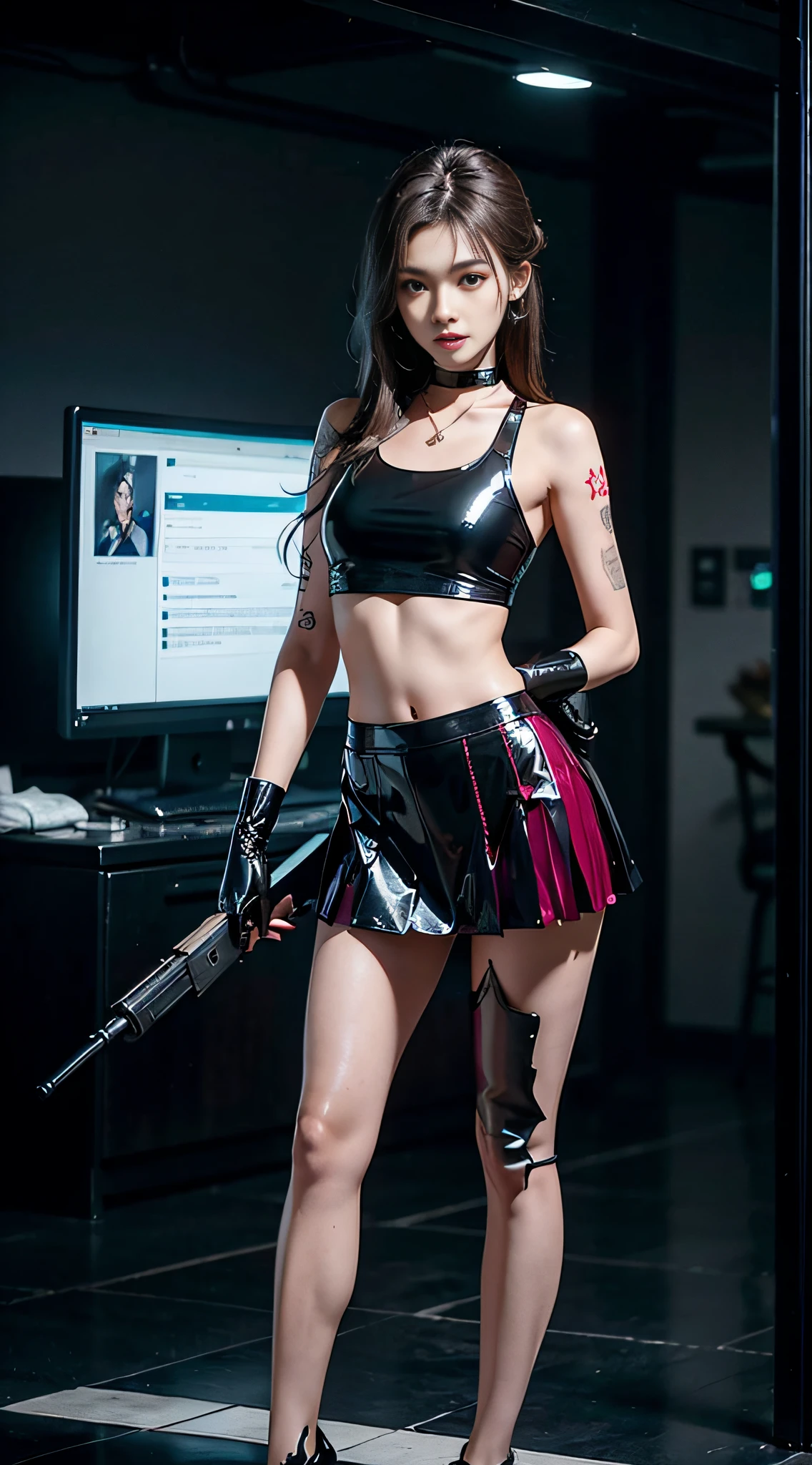 ((masterpiece:1.4)、(top-quality:1.4)、(reallistic:1.7))、masuter piece:1.4、(Top-of-the-line rendering:1.4)、(Female SWAT member of the 73rd Division of the Space Federation:1.4)、Super Beautiful Investigator、(hold a gun:1.2)、Body Fit Sexy Uniform、(Glossy luxury latex:1.4)、(Navy blue sleeveless uniform jacket)、(Underwear White Sexy Super Ultra Bikini)、(Luxury Red Latex:1.4)、(Red pleated mini skirt:1.4)、22year old、(Cute tattoos:1.4)、(Wearing white gloves)、Kawaii Girl、Super beauty、foco nítido、Portrait photos、(Perfect female body:1.4)、perfectly proportions、Upper body photography:1.4、beautiful countenance、Fearless look、beautidful eyes、Narrow waist、beauty legs、(length hair:1.2)、Beautiful udder、large full breasts:1.2、Sexy ass、(Standing facing the front:1.4)、Raw photo、red-lips、Red high heels:1.4、a choker:1.4、a necklace:1.4、耳Nipple Ring:1.4、1 screen display、Beautiful night view of Cyberpunk City:1.2