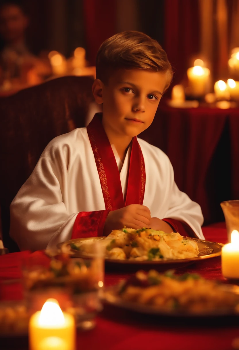 12 year old boy dressed in a robe enjoying a banquet, cinematography lighting, 8k fotorrealista, hdr, detalles intrincados