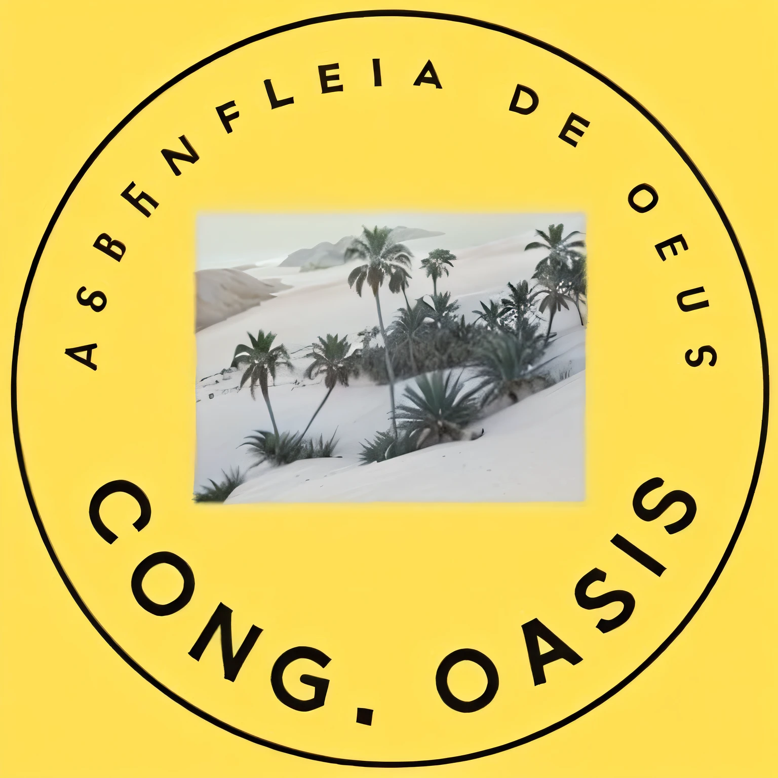 um logotipo amarelo e preto com a imagem de uma praia e palmeiras, oasis, oasis infront, 🎨🖌, lush oasis, Directed by: Robert Combas, Gongbi, gongo, por Aya Goda, by João Artur da Silva, 🎨🖌️, Directed by: Oscar Dominguez, Album art, Directed by: Jose Comas Quesada, uma logo mais moderna, that draws attention, um designe mais limpo e a imagem em HD