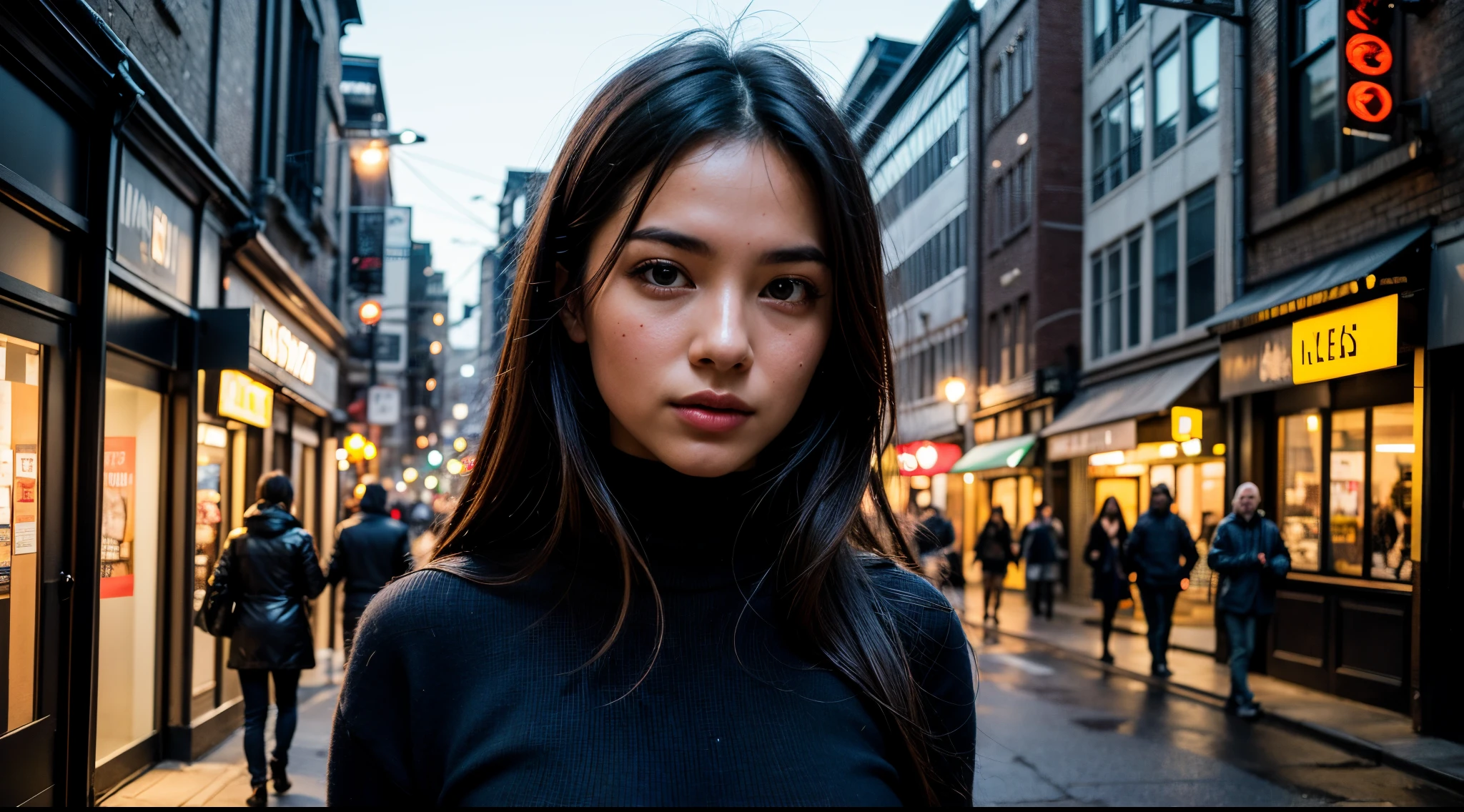 ((1 woman)), ((1 Man)), holding hands, walking in street, dense atmosphere,best quality, highres,ultra-detailed, realistic, portrait, photography, soft colors, street lamp, urban setting, close-up, layered winter clothing, street corner, urban lifestyle, serene environment, dusk,city lights.((1 woman)), best quality, highres,ultra-detailed, realistic, portrait, photography, soft colors, street lamp, urban setting, close-up, layered winter clothing, street corner, urban lifestyle, serene environment, dusk,city lights.