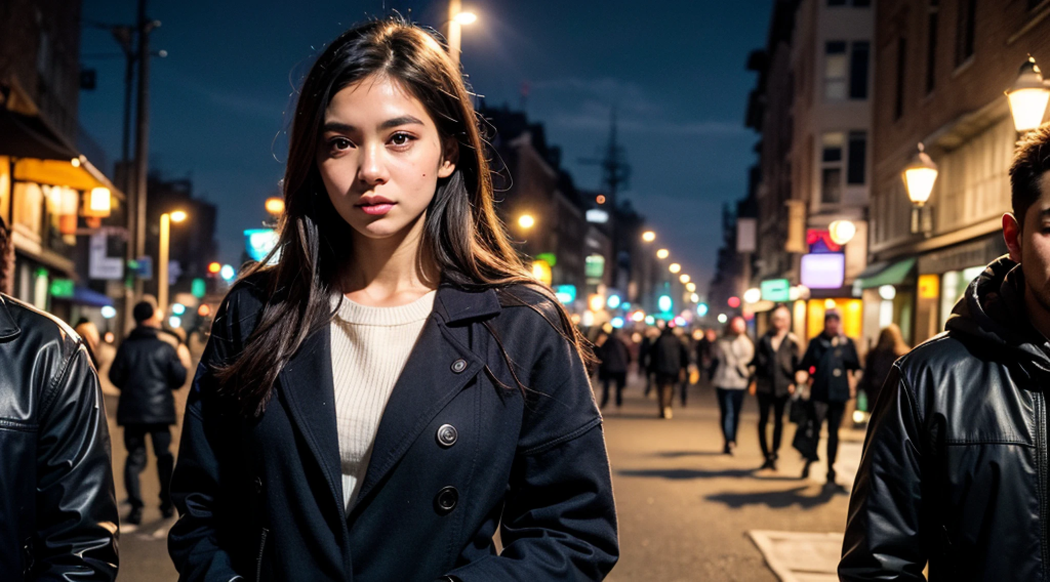 ((1 woman)), ((1 Man)), holding hands, walking in street, dense atmosphere,best quality, highres,ultra-detailed, realistic, portrait, photography, soft colors, street lamp, urban setting, close-up, layered winter clothing, street corner, urban lifestyle, serene environment, dusk,city lights.((1 woman)), dense atmosphere,best quality, highres,ultra-detailed, realistic, portrait, photography, soft colors, street lamp, urban setting, close-up, layered winter clothing, street corner, urban lifestyle, serene environment, dusk,city lights.