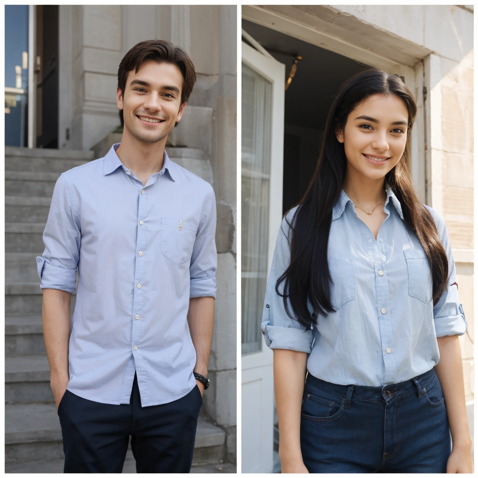 Man and woman standing with each other, smiling, wearing matching clothes