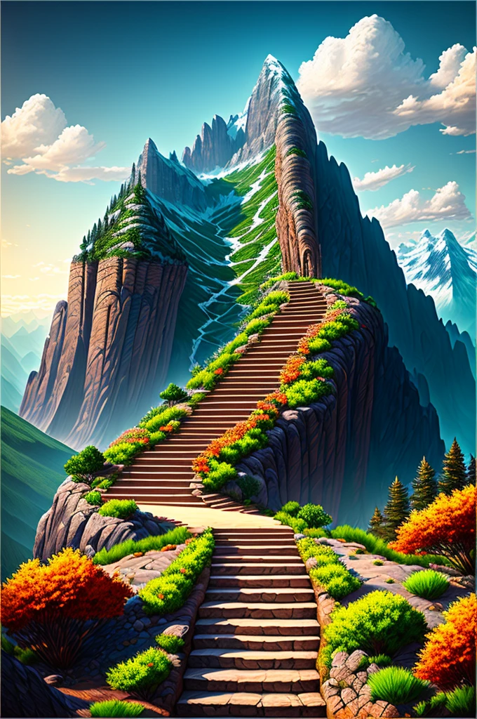 a staircase with ten thousand steps climbing the side of a mountain, a castle carved in stone (best quality, 4k, 8k, high resolution, masterpiece: 1.2), ultra-detailed, (realistic, photorealistic, photorealistic: 1.37 ), HDR, UHD, studio lighting, ultra-fine painting, sharp focus, physically based rendering, extreme detail depiction, professional, vivid colors, bokeh, landmark, grandeur, awe-inspiring view, cloud-capped peaks, majestic, unforgettable , serene atmosphere, winding path, distant horizon, towering cliffs, natural wonder, exquisite craftsmanship, sunlit shadows, majestic beauty, majestic mountains, tranquil climb, unfathomable height, natural staircase, intricate details, spectacular view, walk to the heavens, landscape scenic, solitary journey, true power of nature, sweeping panorama, adventurous path, invigorating mountain air, enchanting staircase, a gateway to tranquility, endless steps, untouched nature