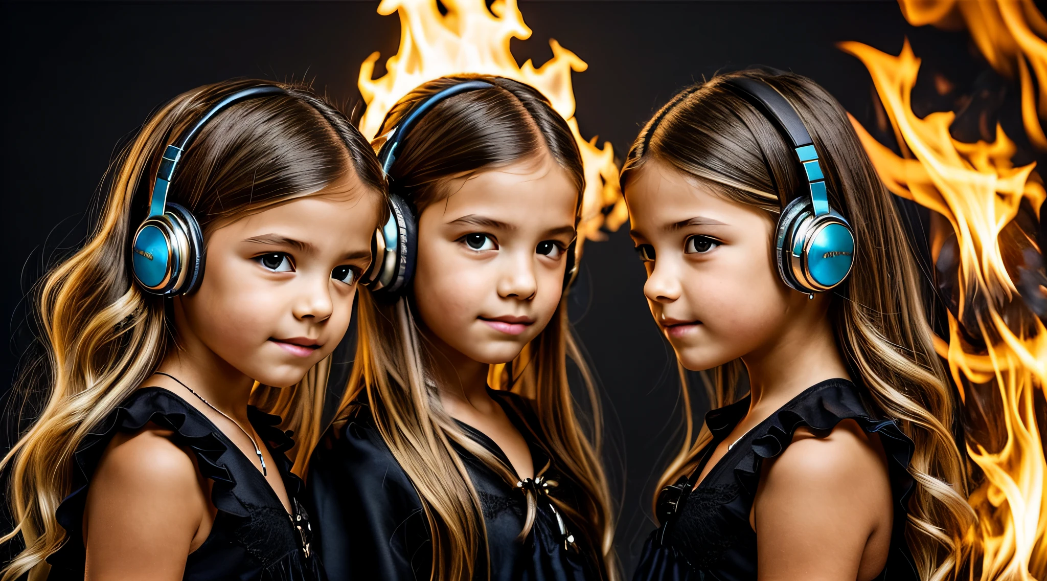 two KIDS BLONDE girls with bows on their heads and one wearing a BLACK dress, HEADPHONES FIRE AND FIRE. smoke billowing, gemini twins portrait, faixa de cabelo AMARELO,