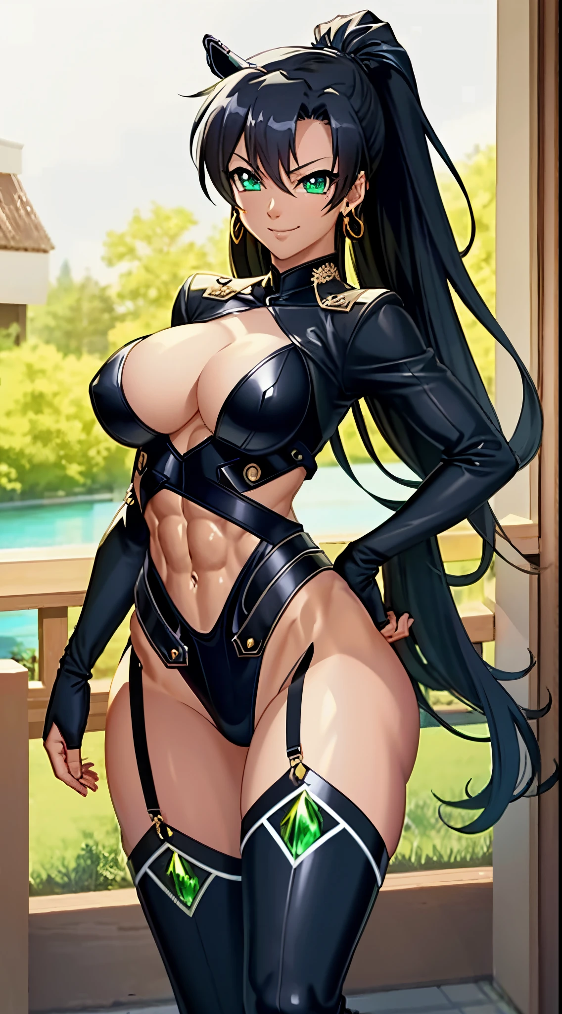 masterpiece, best quality, 1girl, breasts, solo, fuuma tokiko, black hair, long hair, ponytail, black leotard, black thighhighs, garter straps, black elbow gloves, green gemstone, jewelry, highleg leotard, thigh boots, smile, (abs:1.6), toned, looking at viewer, (muscular:1.4)