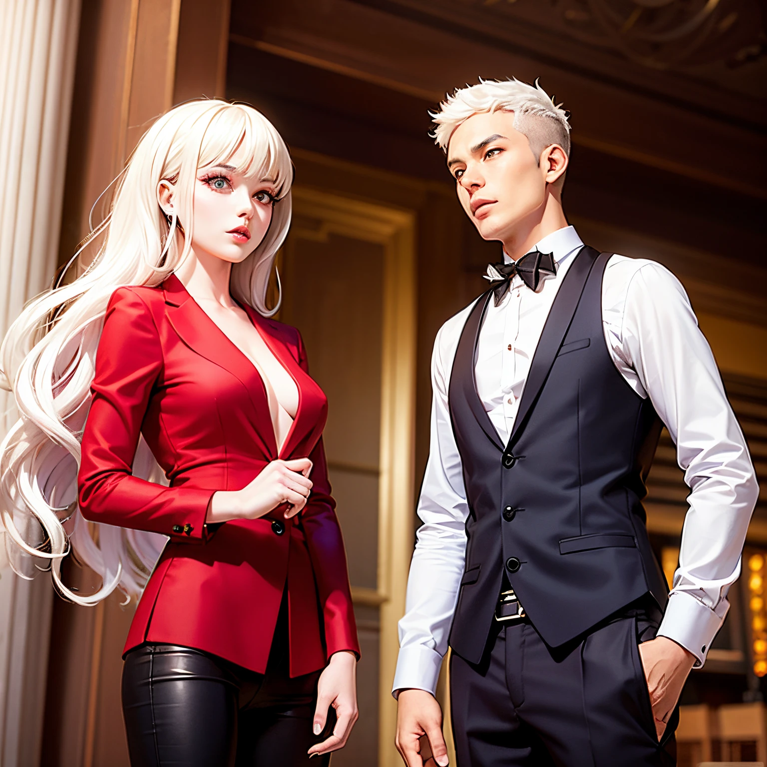 Dos personas, manhwa style, a woman with curly brown hair and a man with white hair and red eyes