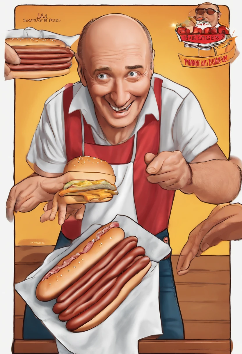 Hotdogfingers attempting to do a magic trick with hot dog sausages,original,He’s a middle aged man who is balding but the star of the show is that his fingers are hot dogs