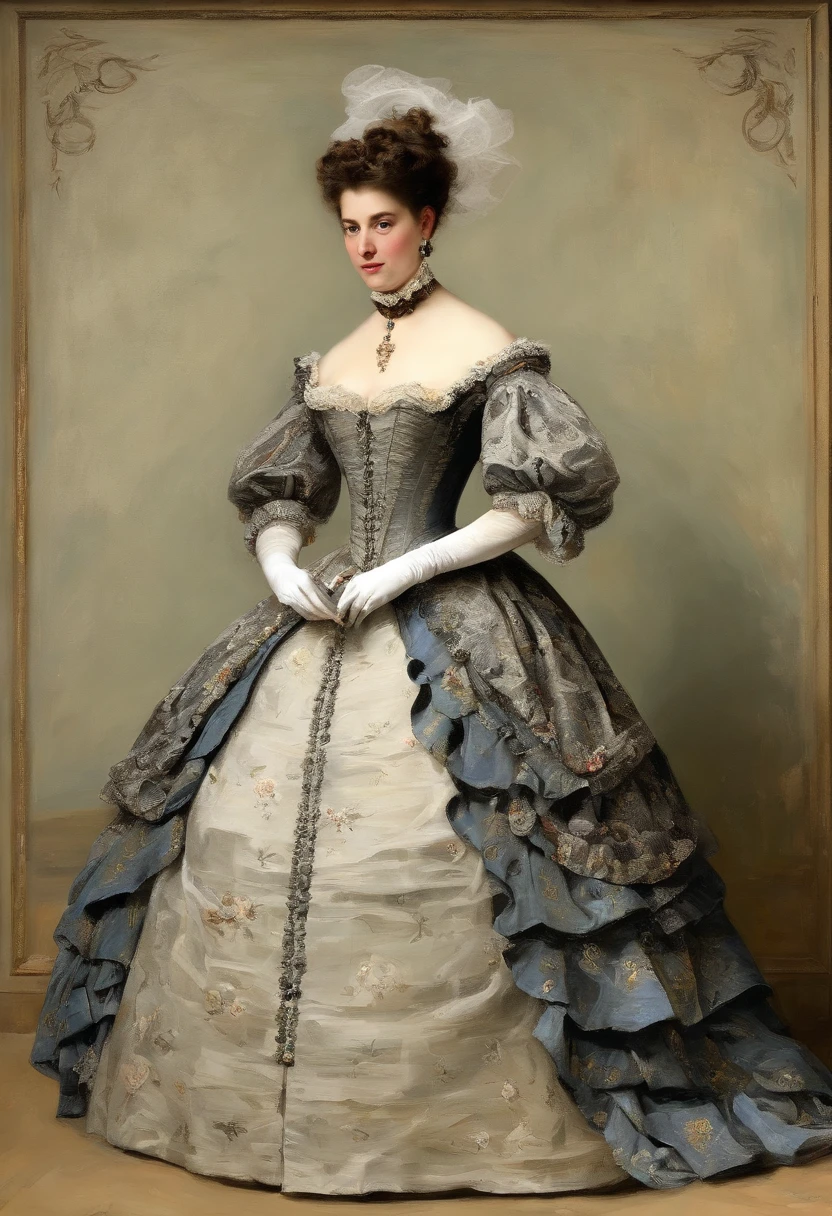 Fairytale Illustration, A Stately and Elaborate Royal Victorian Court Dress of silver damask adorned with (((bows))), poufs, ruffles, frills, lace, (((embroidery))), and jewels,, with (((enormous puffed sleeves))), an hourglass waist, and a (((huge crinoline hoopskirt))) long white gloves, pearl necklace and earrings