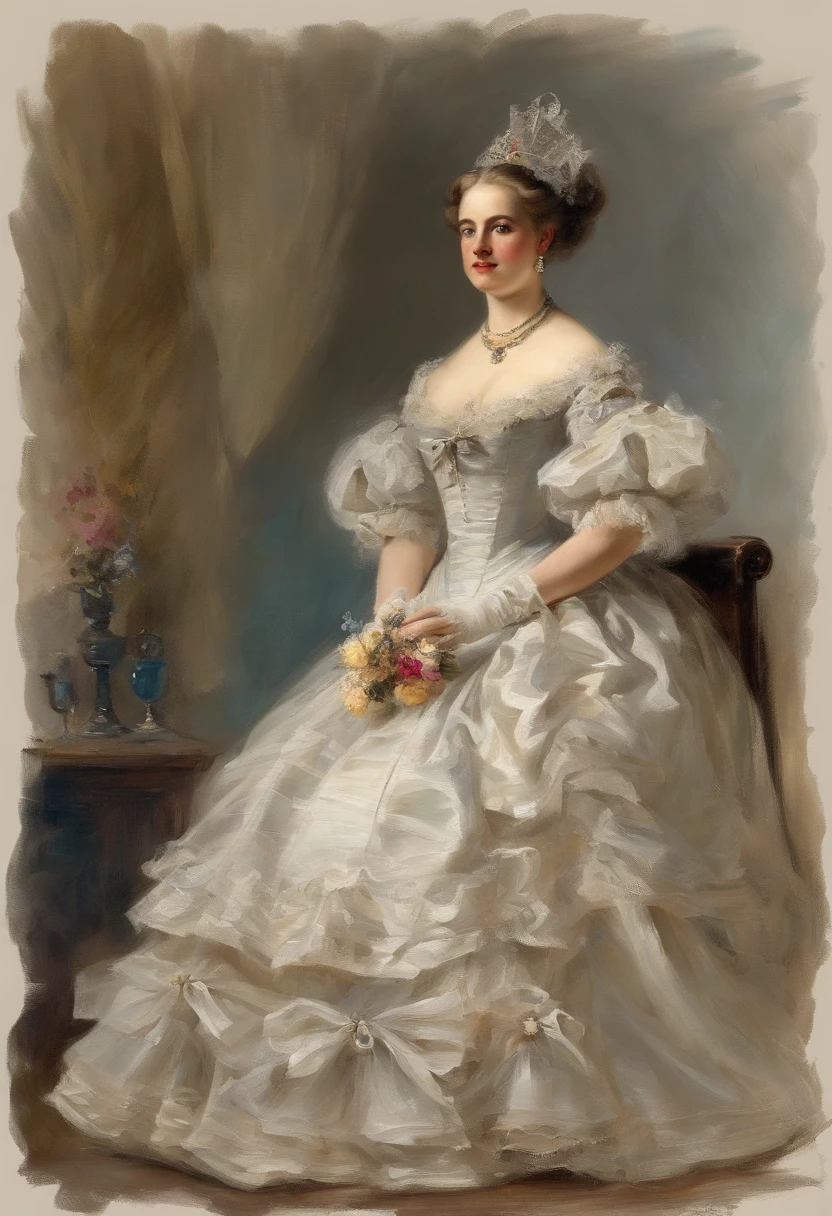 Fairytale Illustration, A Stately and Elaborate Royal Victorian Court Dress of silver damask adorned with (((bows))), poufs, ruffles, frills, lace, (((embroidery))), and jewels,, with (((enormous puffed sleeves))), an hourglass waist, and a (((huge crinoline hoopskirt))) long white gloves, pearl necklace and earrings