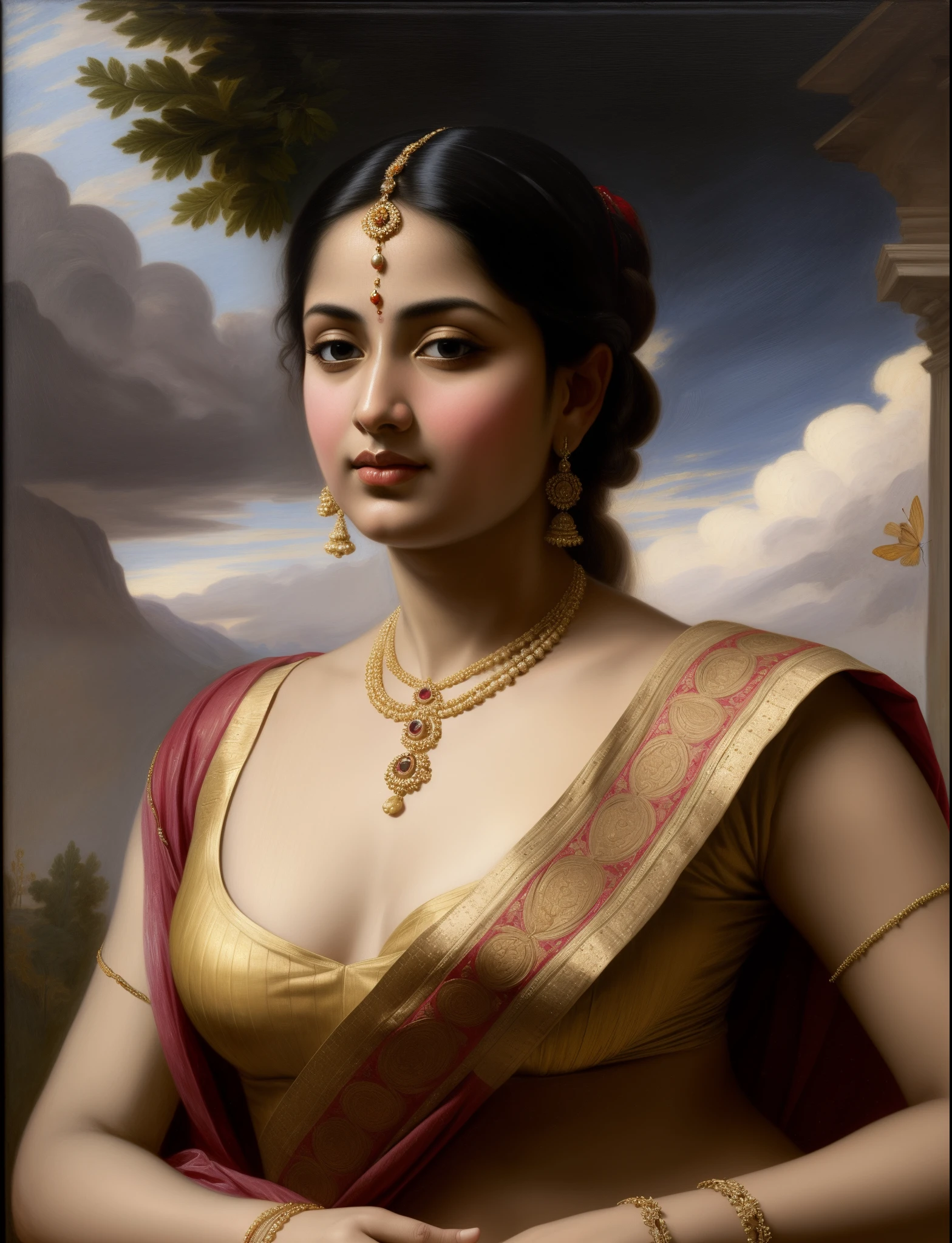 Beautiful Indian Woman, wearing saree, sari Beauty, gorgeous, Apsara, Maharani, royal queen woman, nymph from Hindu Mythology, Urvashi, matchless beauty, Highly detailed, Oil Painting by Peter Paul Rubens inspired by Raja Ravi Varma, Matchless beauty, captivating, gorgeous, heavenly beauty, celestial beauty, Jolyne as "The Butterfly" by Peter Paul Rubens, 1893, realistic, hyper realistic, micro details, incredible artwork, insane details, ultra High resolution, 8k, 32k, acrylic on canvas, intricate, flawless, detailed, detailed face, detailed eyes, masterpiece, by Peter Paul Rubens, by Caravaggio, by William Adolphe bouguereau, perfect face, perfect body, beautiful art, realism, baroque, renaissance Art, highly textured, beautiful and High clarity eyes, uhd, best quality,