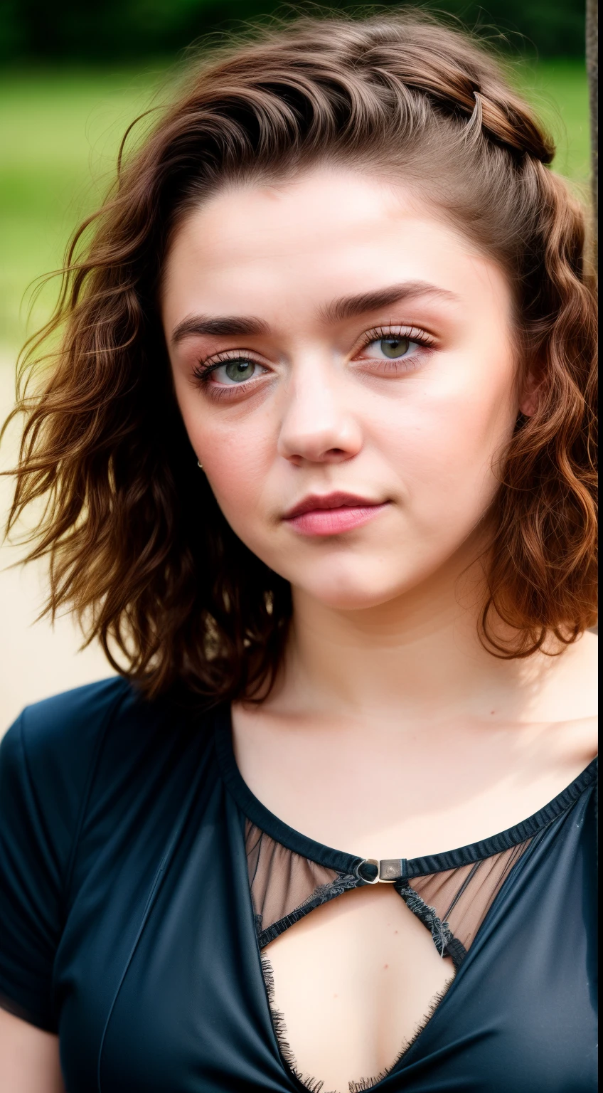 Foto RAW, best quality, highly detailed, charming, captivating beauty, detailed skin, skin texture, sharp focus, 1girl, looks like Maisie Williams, Styled Hair, fluffy hair, a close up portrait photo of brutal 45 y.o Woman in Gladiator clothes, Styled hair, fluffy hair, pale skin, healthy body, alluring body, Spartacus series costumes, mediaeval ruins place background, (high detailed skin:1.2), 8k uhd, dslr, soft lighting, high quality, film grain, Fujifilm XT3, Solo,