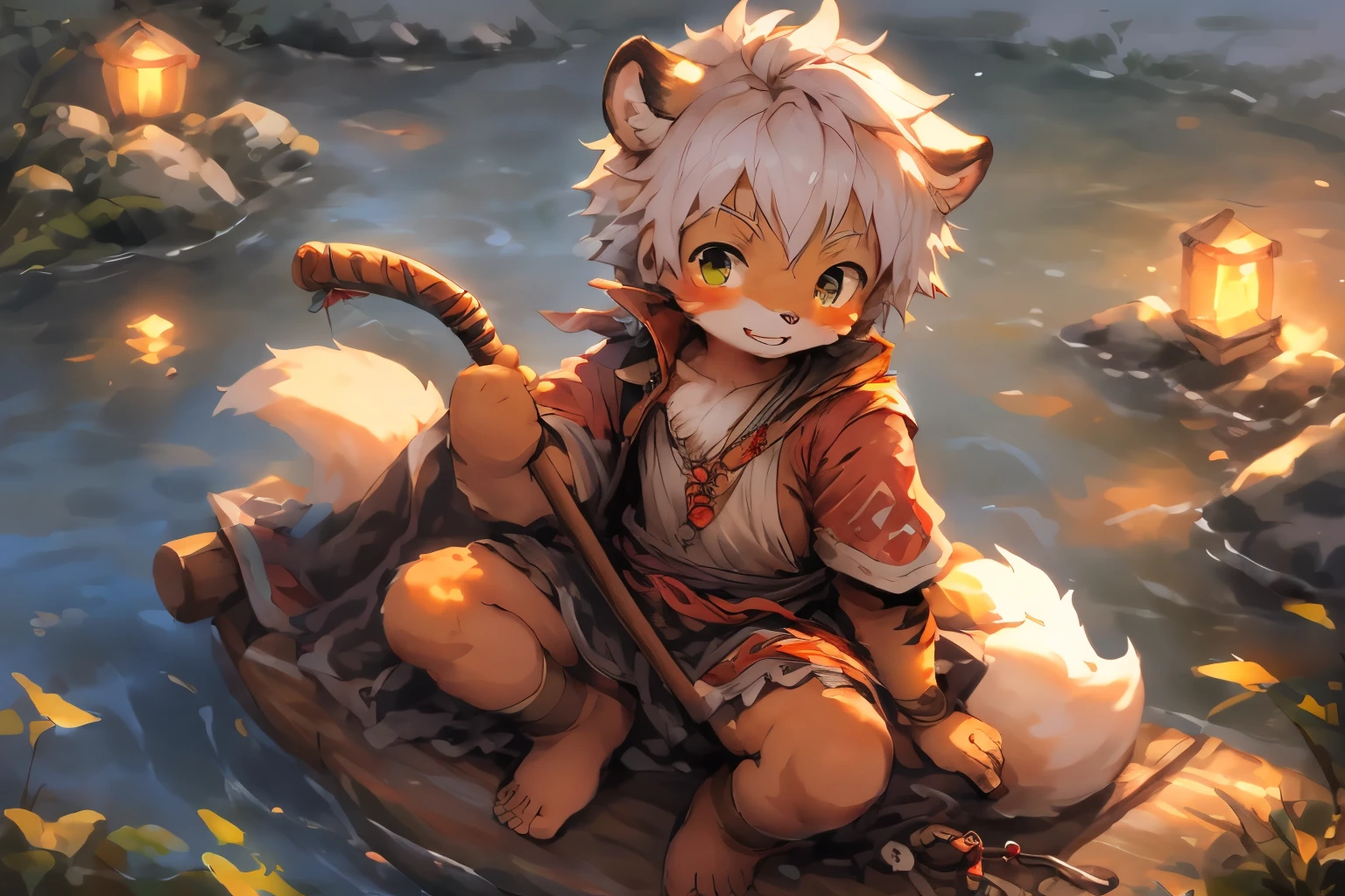 Anime style illustration of fox fishing with fishing rod in river, Cute and detailed digital art, Very very beautiful furry art, Detailed fanart, high-quality wallpaper, dress up as a fisherman 🧥, furry fantasy art, Popular topics on artstation pixiv, High-quality fanart, Human fox, cute fox(,Libido boy,male people,Sit Pose),White hair,by Pino Deheni, Kanikai, Milk Tiger 1145, Dagasi, ys,