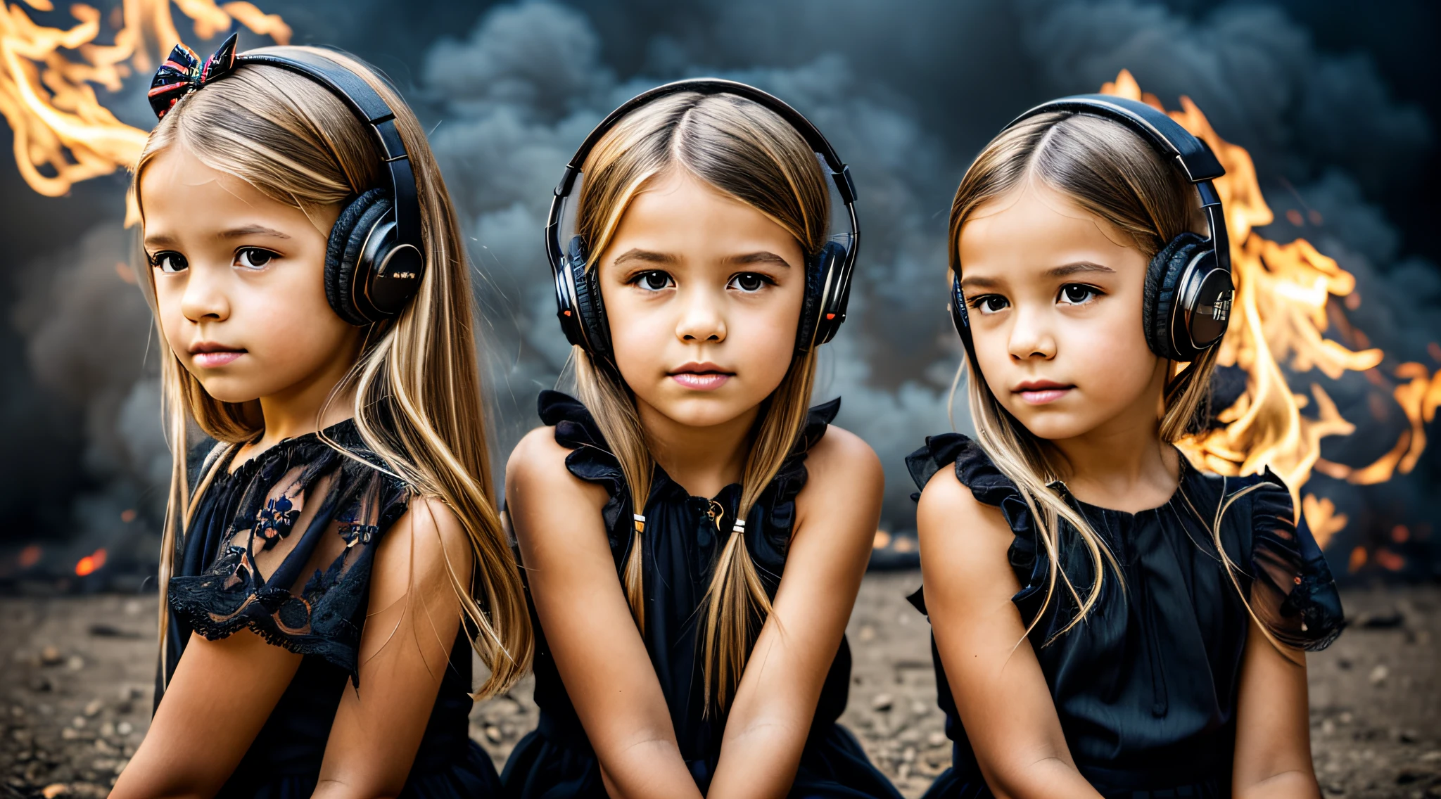 two KIDS BLONDE girls with bows on their heads and one wearing a BLACK dress, HEADPHONES FIRE AND FIRE. smoke billowing, gemini twins portrait, faixa de cabelo AMARELO,