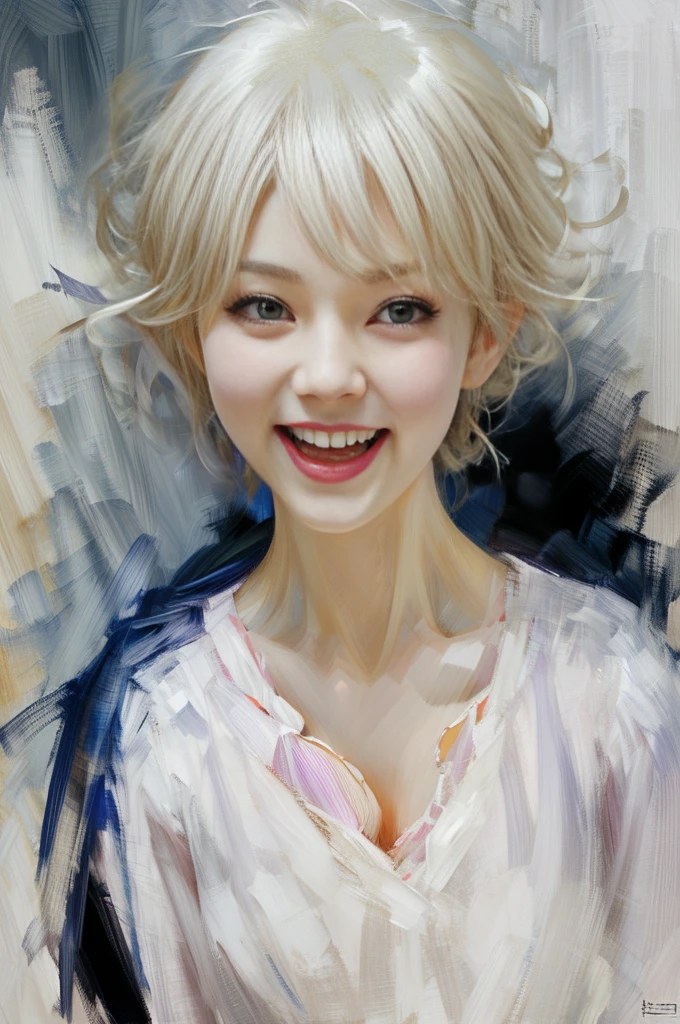 Alice, anime art style, 1girl, 独奏, olhando_at_Viewer, Smile, short_Hair, Open_mouth, Eye, Eye, higher_body, White_Hair,