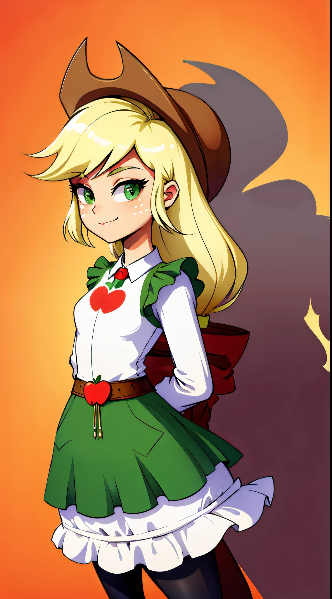 1girl, masterpiece, (detailed background), best quality, absurdres,
smirk, mlpapplejack, dressed like maid, closed mouth, personification, blonde hair, orange skin, green eyes