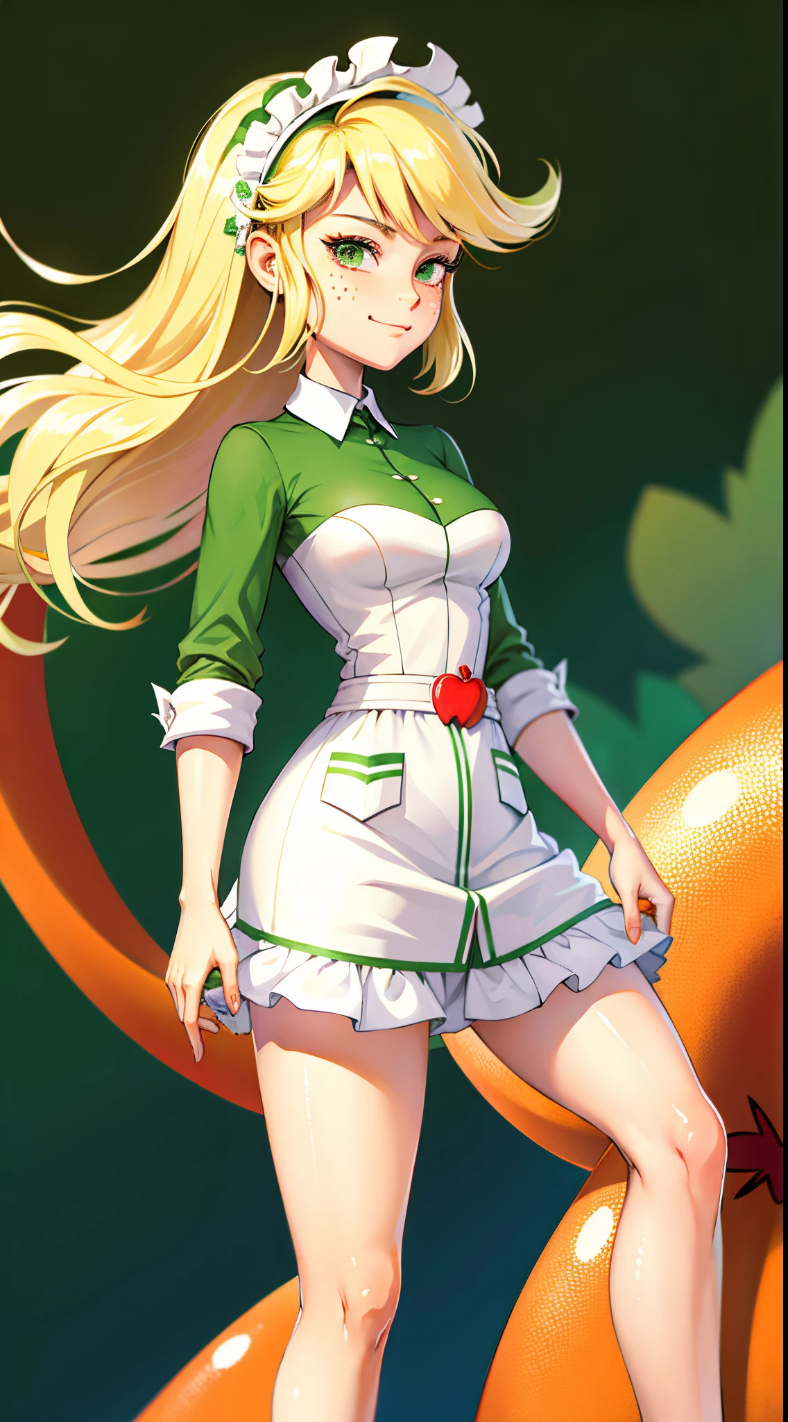 1girl, masterpiece, (detailed background), best quality, absurdres,
smirk, mlpapplejack, dressed like maid, closed mouth, personification, blonde hair, orange skin, green eyes