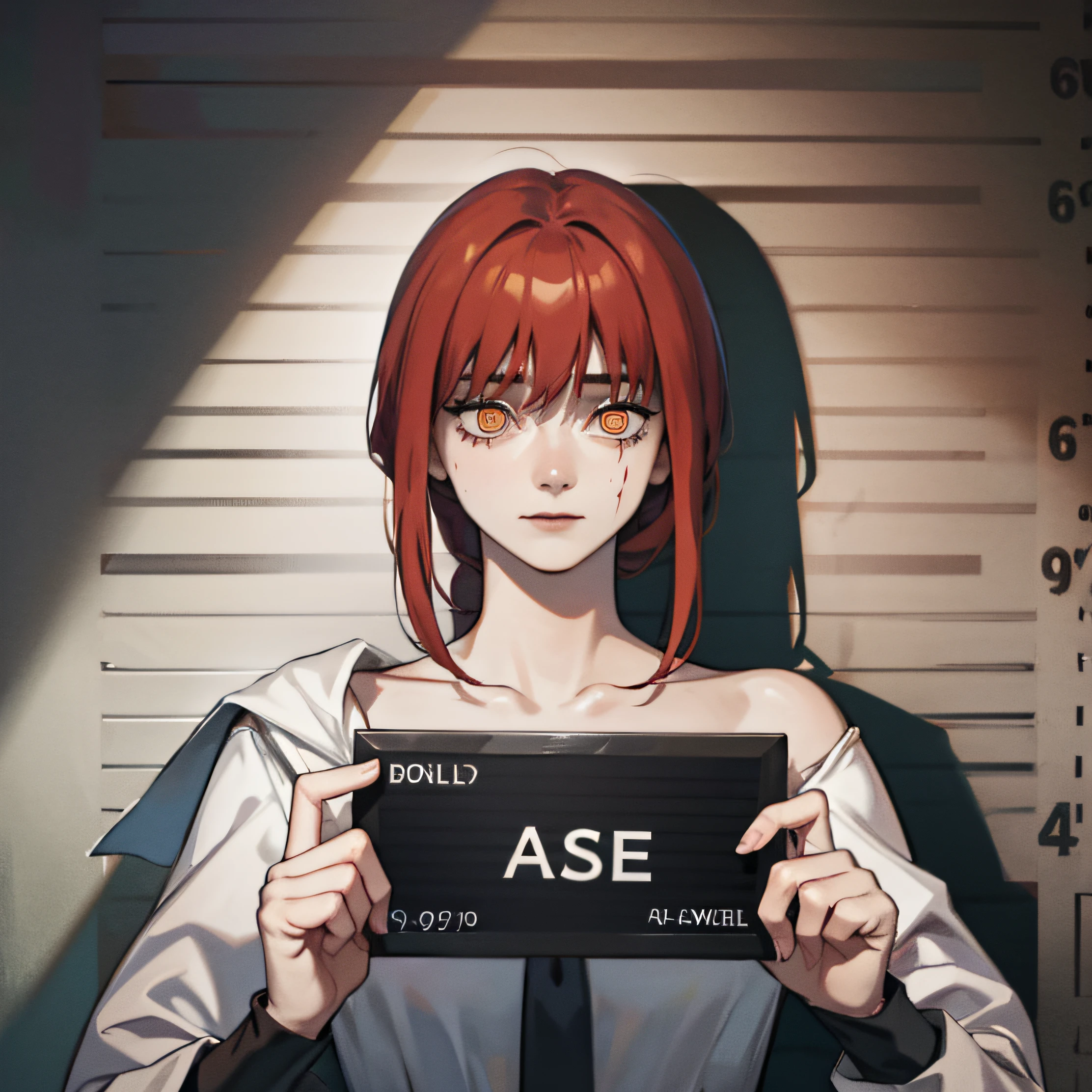corpse, sinister, female, thin, pale, looking at the camera, ultra realistic, fully detailed, cemetery environment, bright eyes, white dress torn and stained with blood, bones exposed, putrid wounds, sensual, terrifying, bruised by the body, exposed fracture in the collarbone, slight smile, super detailed, white eyes,gun shots in the body, red hair, mugshot, makima,