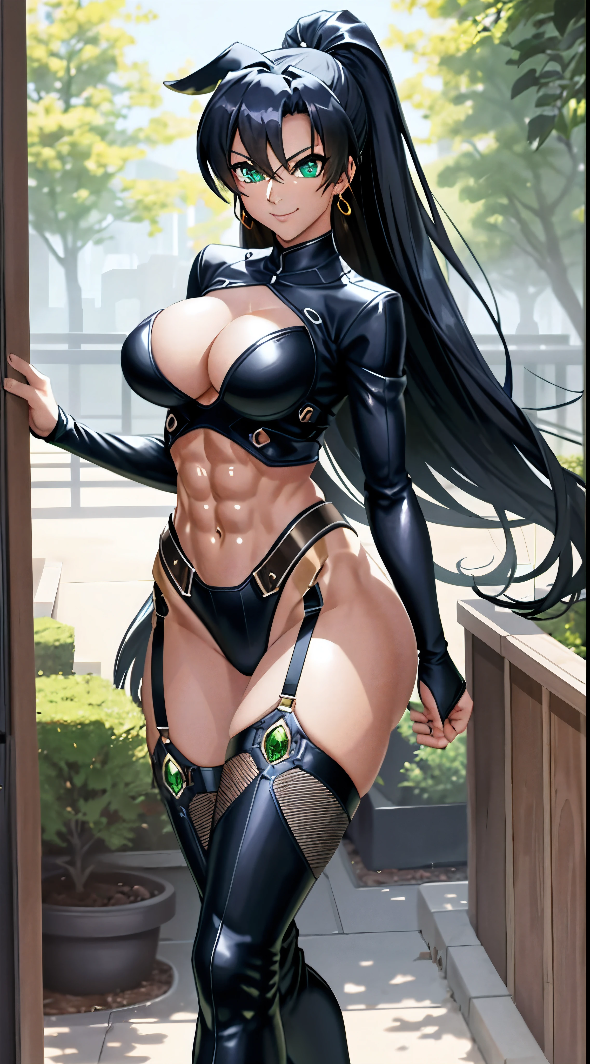 masterpiece, best quality, 1girl, breasts, solo, fuuma tokiko, black hair, long hair, ponytail, black leotard, black thighhighs, garter straps, black elbow gloves, green gemstone, jewelry, highleg leotard, thigh boots, smile, (abs:1.6), toned, looking at viewer, (muscular:1.4), navel soup