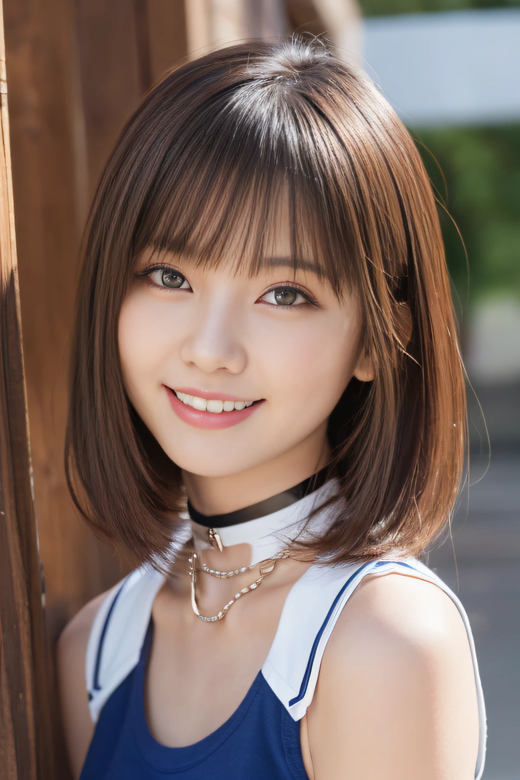 masutepiece, Best Quality, One girl, (Beautiful Girl:1.3), (18 years old:1.2), Very fine eye definition, (Symmetrical eyes:1.3), NSFW, (Cute sleeveless:1.3), Beautiful breasts, Brown eyes, Parted bangs, Brown hair, Upper teeth、Background outdoor、Smile、chain and lock choker