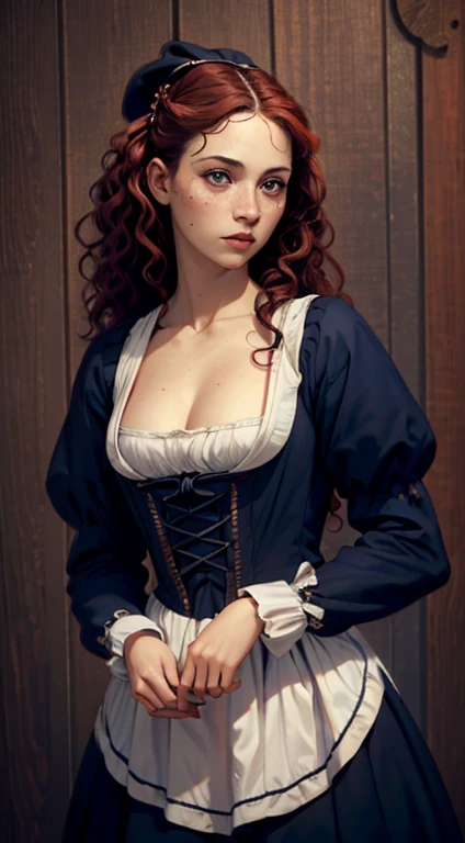 Cinematic Highly colored painting Realistic portrait, (((Masterpiece, Best quality, photograph realistic))), (Shiny skin), hyper HD, 8K wallpaper, high resolution, Perfect anatomy, Slender hands and fingers, Cinematic lighting, Award-winning, Extremely detailed skin, extra detailed face, Eyes with beautiful details, Carl Zeiss 85 mm F/1.4, Break, (((1 red wavy hair girl, tavern wench from 1700s))), ((33-year-old girl, mature:1.4, sensual, gorgeous, red:1.2 wavy medium hair, blue eyes, greek nose, freckles, large breasts)). (((colonial puritan wench))), Buttock augmentation, A shy and naught expression, blush cheeks, dress-up in a navy blue 1700s wench dress