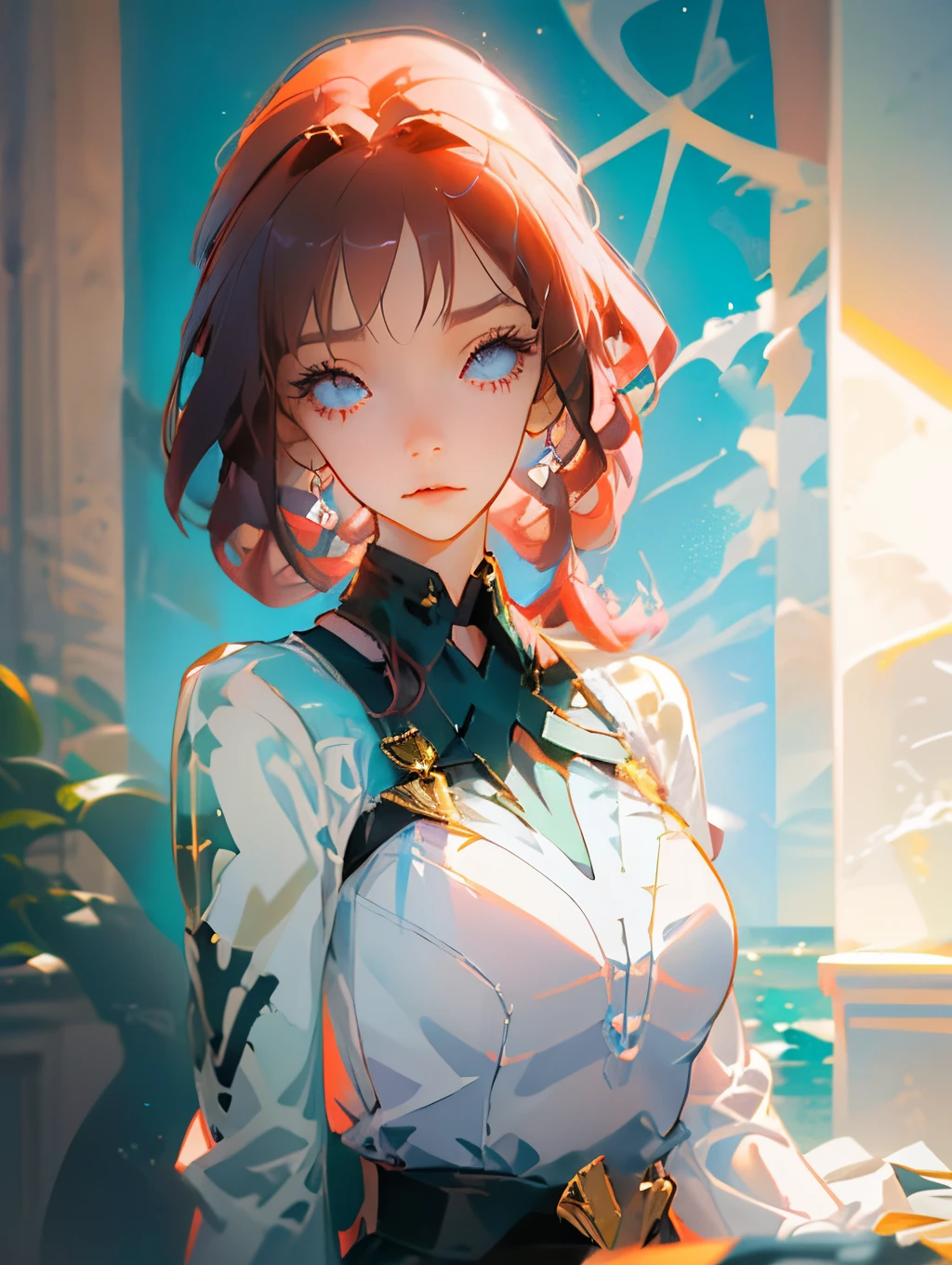 Anime girl, 15, shark onside, short, in an room, brown long hair, blue eyes, white, soft, shy, kind