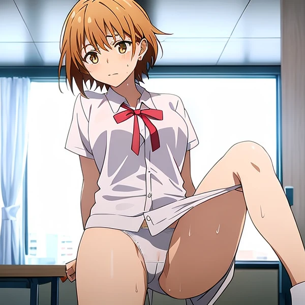 blushed、（Female 1、Japan school uniform、panty shot、White panties that cut into your thighs）、is standing、vaginal、Angle from below、short-hair、full body Esbian、feminine breasts、ligh brown hair、(masutepiece, Best Quality）、 Shiny skin、(1girll: nase, Naughty blush, Sweat flows）