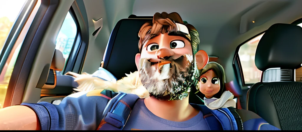 There is a MAN sitting IN THE FRONT SEAT OF A CAR, WITH A GIRL SITTING IN THE BACK SEAT, HOMEM NEGRO POR VOLTA DOS 50 ANOS, POUCO CABELO, POUCA BARBA, OLHOS CASTANHOS, serious appearance, MAS SORRINDO, MENINA FELIZ E SORRINDO, OLHOS CASTANHOS, LIGHT BROWN HAIR Pixarman Rendering, pixar retrato 8 k foto, Pixar 3D rendering, Pixar rendering, bonito 3 d render, painting digital adorable, Pixar Arte 3D, design de personagem bonito pixar, Pixar. octan render, pixar 3 d animation style, renderizar na pixar, por Pixar, personagem pixar bonito