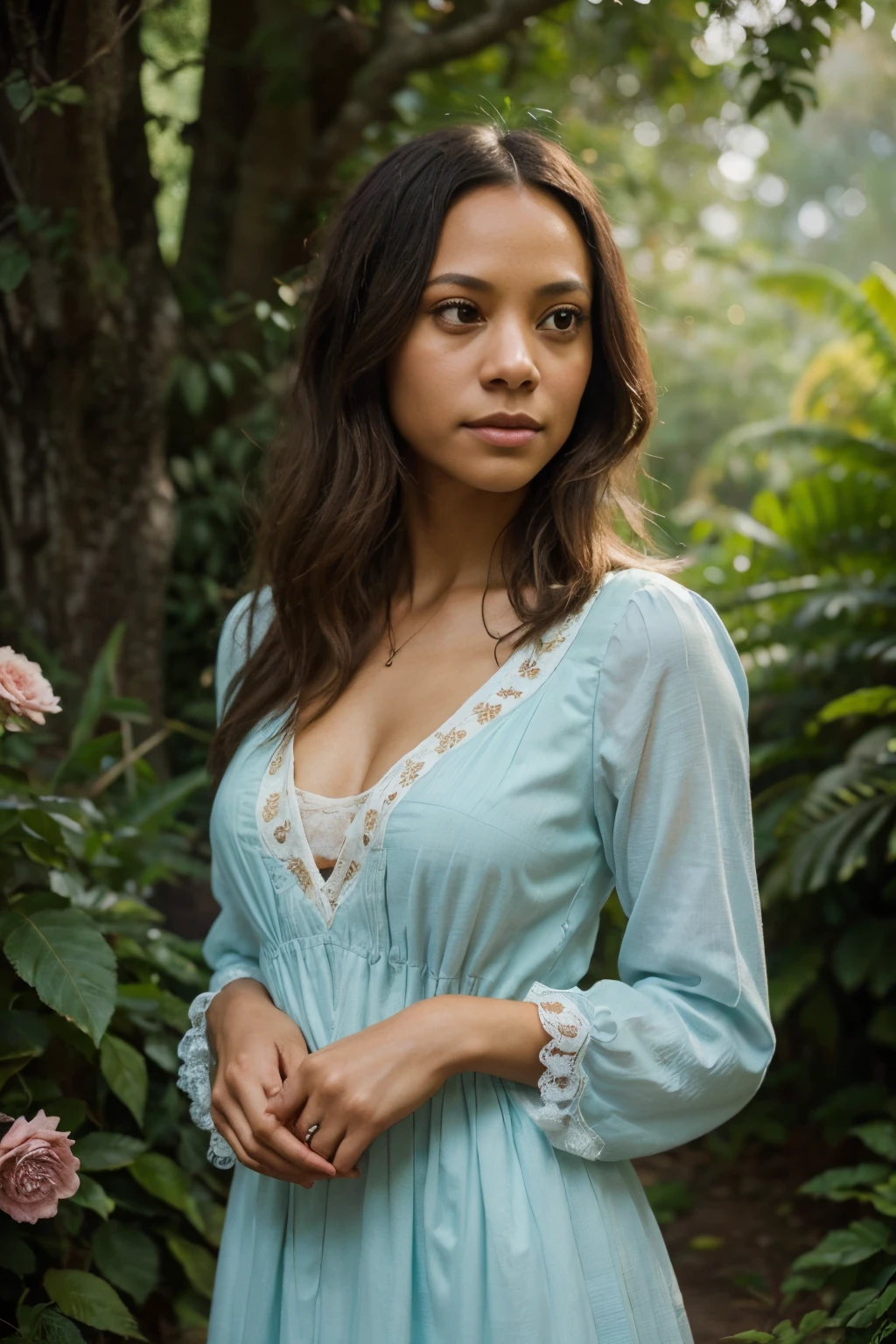 Zoe Saldana, strong and confident, portrays a 19th-century black woman with an adventurous spirit. Her mesmerizing eyes, defined nose, and luscious lips captivate observers. She stands in a lush garden, surrounded by vibrant flowers and tall trees, basking in the warm sunlight. The air is filled with the fragrance of blooming roses and the sound of chirping birds.
The scene is reminiscent of a classical oil painting, with rich textures and details. The painterly strokes of the brush bring depth and dimension to the artwork. The image is of the highest quality, with exquisite details meticulously captured. Every minute element, from the delicate folds of Zoe's dress to the individual petals of the flowers, is flawlessly depicted. The colors are vivid and vibrant, enhancing the overall composition.
The artwork is influenced by the romanticism of the 19th century, with a touch of realism. The soft pastel tones and warm hues create a dreamy atmosphere. The lighting is carefully crafted, with a soft glow illuminating Zoe's face, highlighting her features and adding depth to the scene.
Zoe's posture exudes strength and confidence, showcasing her adventurous spirit. Her gaze is determined, as if she is ready to embark on a thrilling journey. She wears a beautiful dress that reflects her individuality and heritage, combining traditional African prints with a modern twist. The intricate patterns on her dress add an additional layer of visual interest to the artwork.
In the background, there is a glimpse of a distant mountain range, symbolizing the vast possibilities that lie ahead of Zoe. The blue sky is dotted with fluffy white clouds, lending a sense of serenity and tranquility to the scene.
This prompt encapsulates the essence of Zoe Saldana as a 19th-century black woman with an adventurous spirit. The combination of her captivating features, the lush garden setting, and the nostalgic art style creates a truly mesmerizing and evocative artwork.