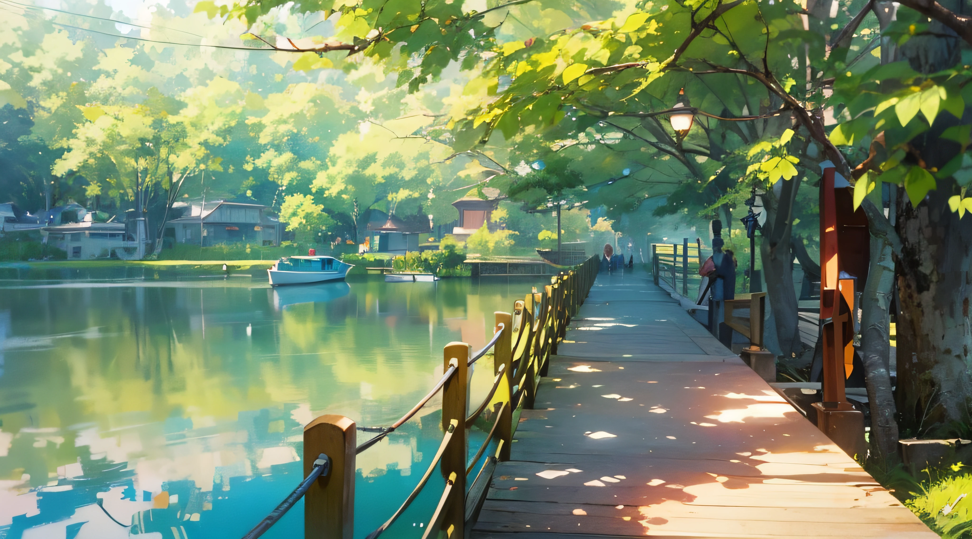 (ghibli style background illustration), there is a wooden walkway that is next to a body of water, there is a wide boardwalk with rope over a lake, a lake with water lilies, a dock, bush, plant, mountain in the backgound, serene environment, peaceful environment, walking, calm feeling, a beautiful, lake view, beautiful image, in a park and next to a lake, boardwalk, serene scene, beautiful environment, with walkways, walkway, at the waterside, people walking around, waterway