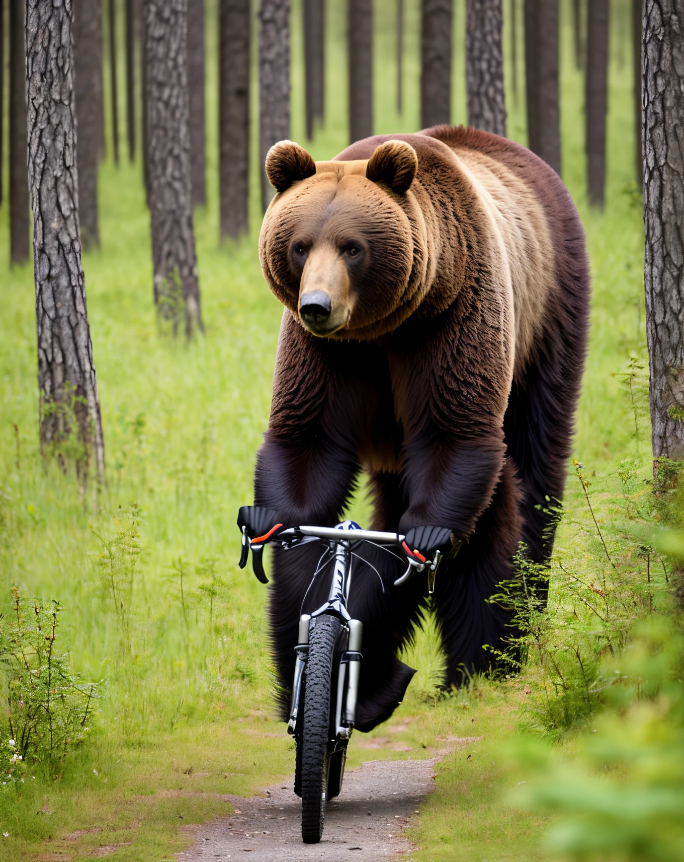 A bear cycling in a forest with a hat on its head
