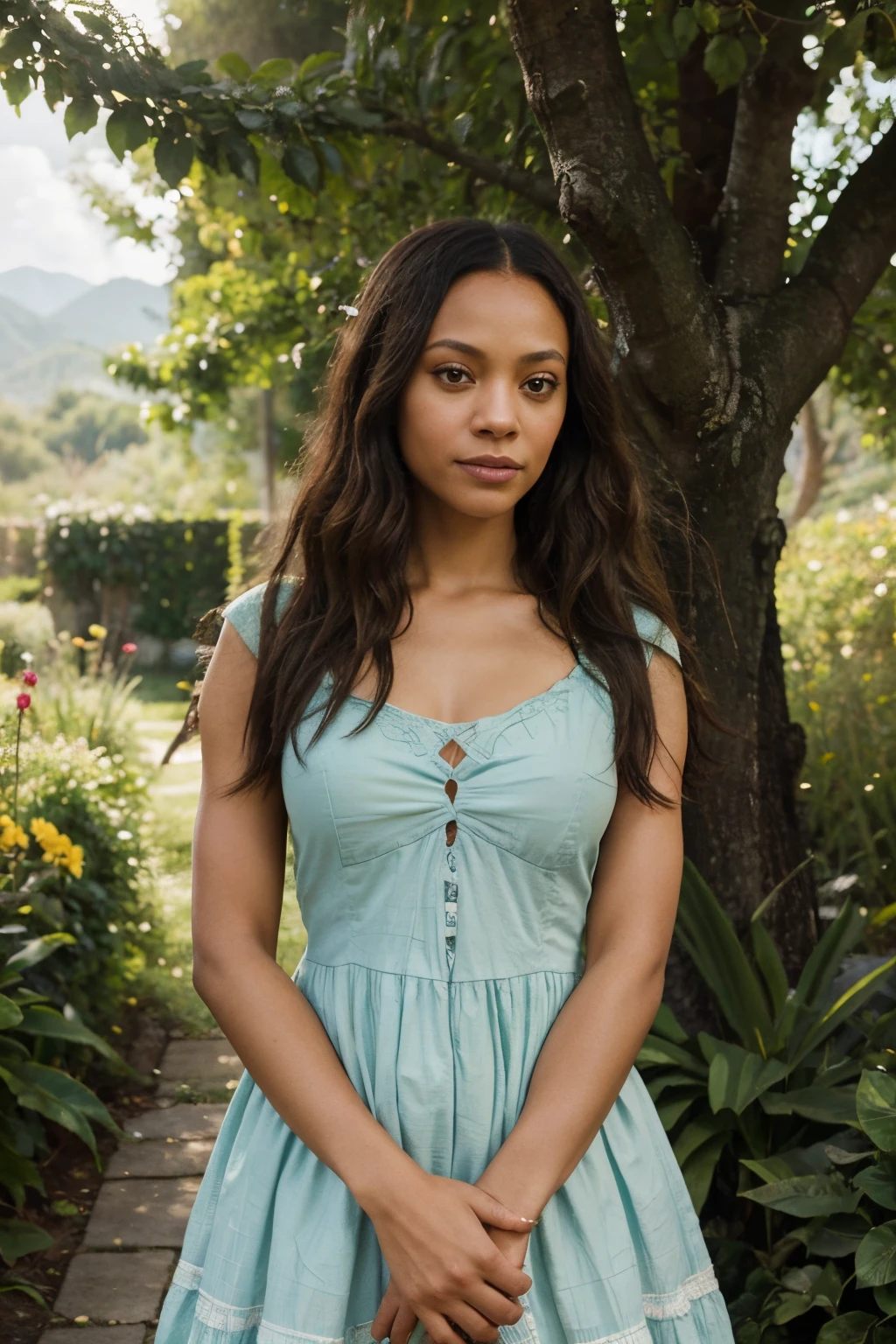 Zoe Saldana, strong and confident, portrays a 19th-century black woman with an adventurous spirit. Her mesmerizing eyes, defined nose, and luscious lips captivate observers. She stands in a lush garden, surrounded by vibrant flowers and tall trees, basking in the warm sunlight. The air is filled with the fragrance of blooming roses and the sound of chirping birds.

The scene is reminiscent of a classical oil painting, with rich textures and details. The painterly strokes of the brush bring depth and dimension to the artwork. The image is of the highest quality, with exquisite details meticulously captured. Every minute element, from the delicate folds of Zoe's dress to the individual petals of the flowers, is flawlessly depicted. The colors are vivid and vibrant, enhancing the overall composition.

The artwork is influenced by the romanticism of the 19th century, with a touch of realism. The soft pastel tones and warm hues create a dreamy atmosphere. The lighting is carefully crafted, with a soft glow illuminating Zoe's face, highlighting her features and adding depth to the scene.

Zoe's posture exudes strength and confidence, showcasing her adventurous spirit. Her gaze is determined, as if she is ready to embark on a thrilling journey. She wears a beautiful dress that reflects her individuality and heritage, combining traditional African prints with a modern twist. The intricate patterns on her dress add an additional layer of visual interest to the artwork.

In the background, there is a glimpse of a distant mountain range, symbolizing the vast possibilities that lie ahead of Zoe. The blue sky is dotted with fluffy white clouds, lending a sense of serenity and tranquility to the scene.

This prompt encapsulates the essence of Zoe Saldana as a 19th-century black woman with an adventurous spirit. The combination of her captivating features, the lush garden setting, and the nostalgic art style creates a truly mesmerizing and evocative artwork.