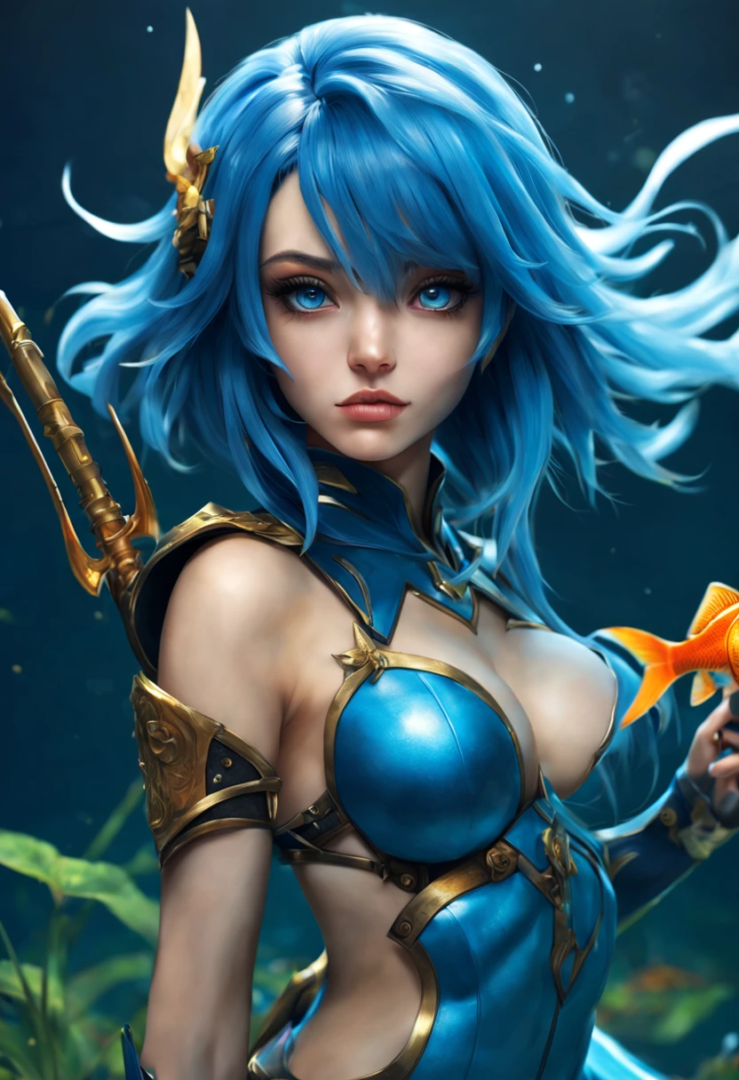 A Spearman Goldfish, Blue hair, weapons, fantasy world, perfect body, perfect face, HD