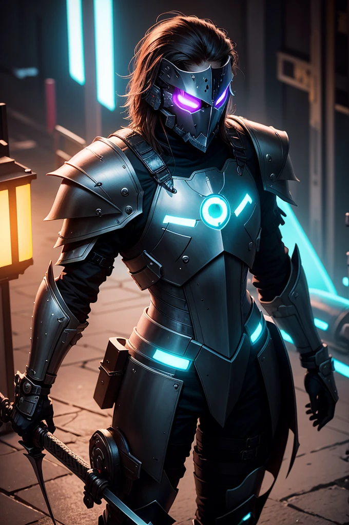 Armor and sword with attention to detail　glowing neon　near future　masked warrior　cyberpunked